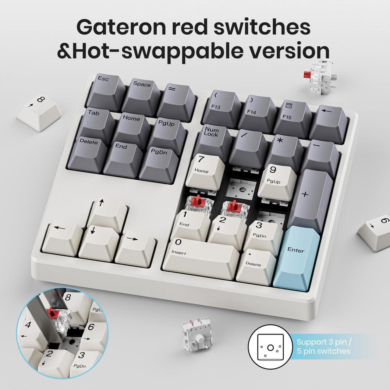Alt view image 4 of 5 - Kisnt Wireless Number Pad, 34 Key Mechanical Numpad with Gateron Red Switches Hot Swappable Numeric Keypad with PBT Keycaps 2.4GHz Rechargeable Keypad for Laptop, Mac, PC Desktop.