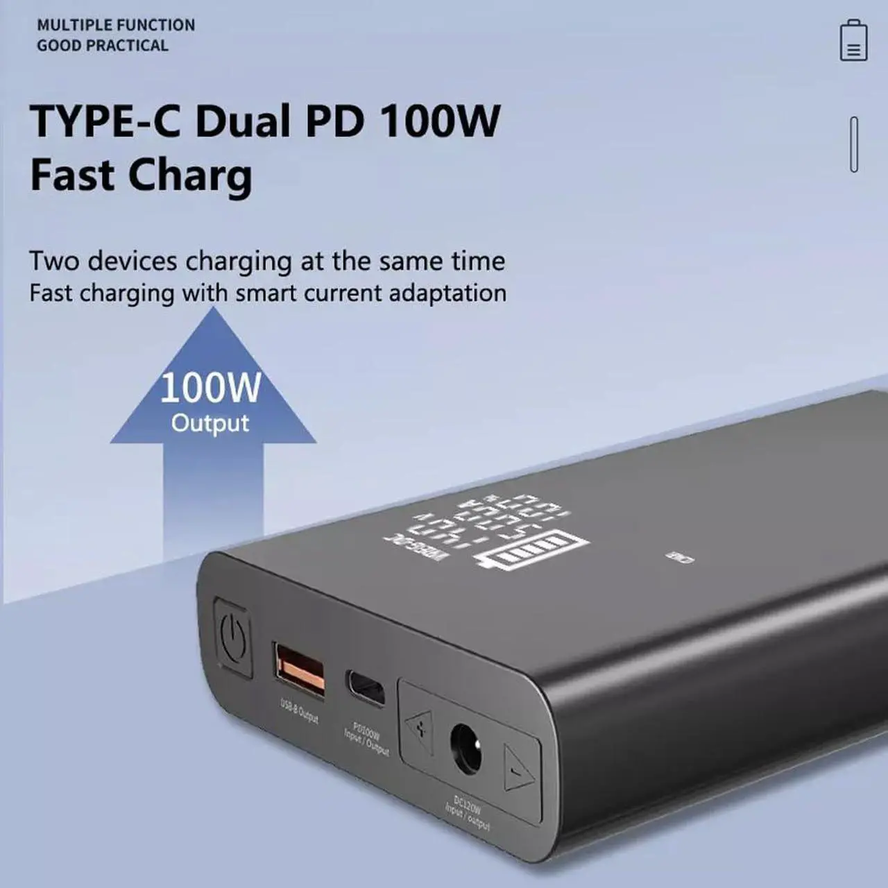 Alt view image 3 of 5 - 20000mAh 120W DC 5V 6V 7.4V 9V 12V 15V 16V 16.5V 18V 19V 19.5V 20V 24V 3A 4A 5A Laptop Charger Power Bank 100W USB C PD3.0 Battery Pack for MacBook Dell HP Lenovo XPS IPad iPhone Samsung Steam Deck
