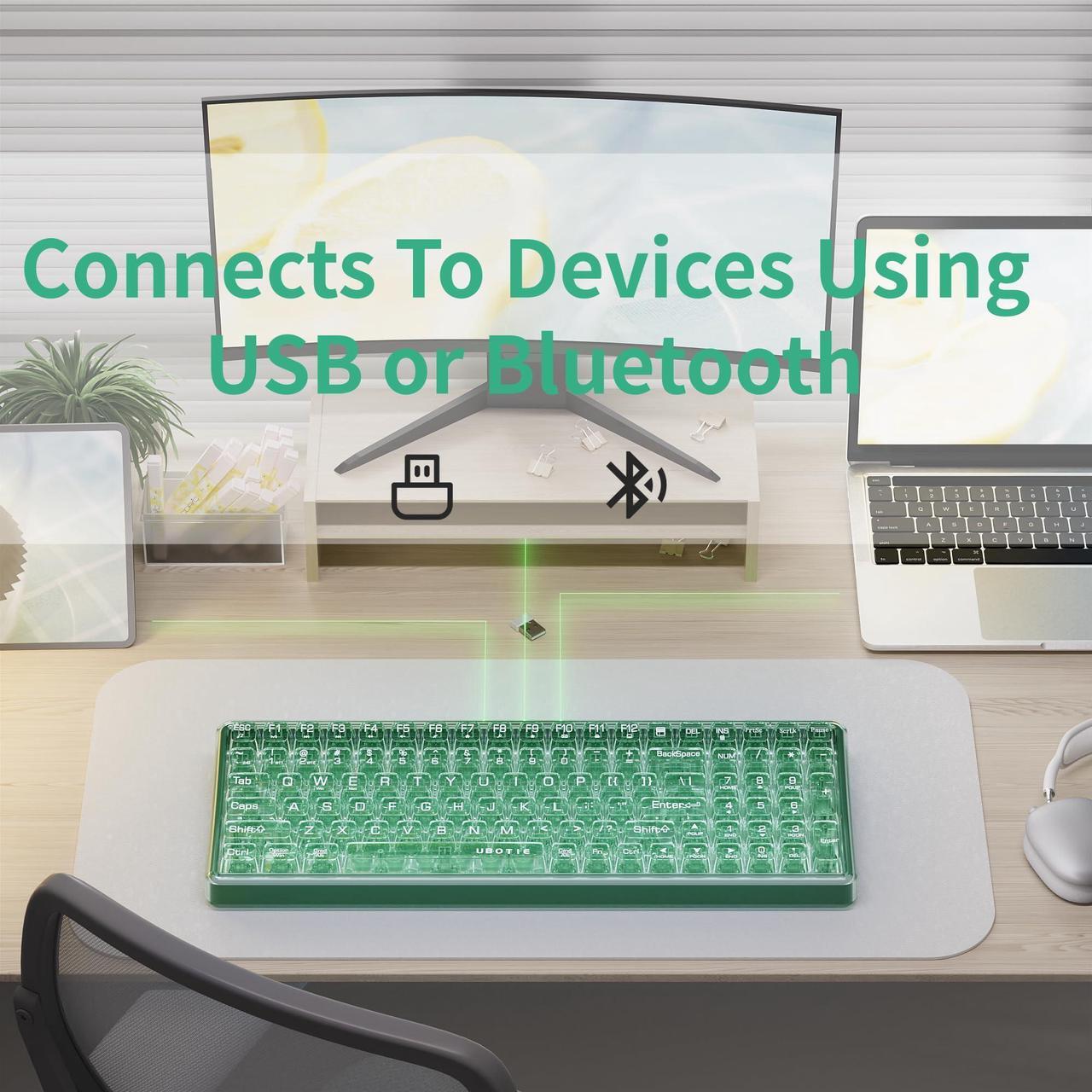 Alt view image 5 of 5 - UBOTIE Bluetooth Wireless Transparent Keyboard, Dual Mode BT1 BT2 USB Receiver Connection 100keys BT Keyboard with Power On Off for Laptop PC Tablet Smart Phones(Green)
