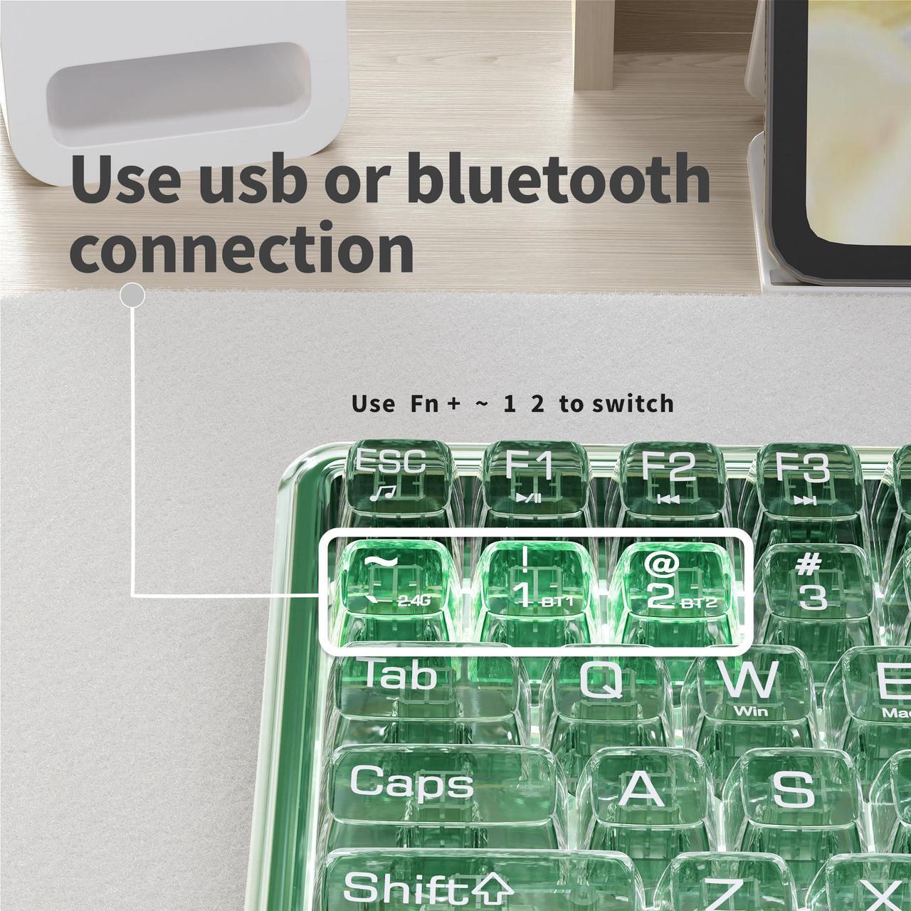 Alt view image 4 of 5 - UBOTIE Bluetooth Wireless Transparent Keyboard, Dual Mode BT1 BT2 USB Receiver Connection 100keys BT Keyboard with Power On Off for Laptop PC Tablet Smart Phones(Green)