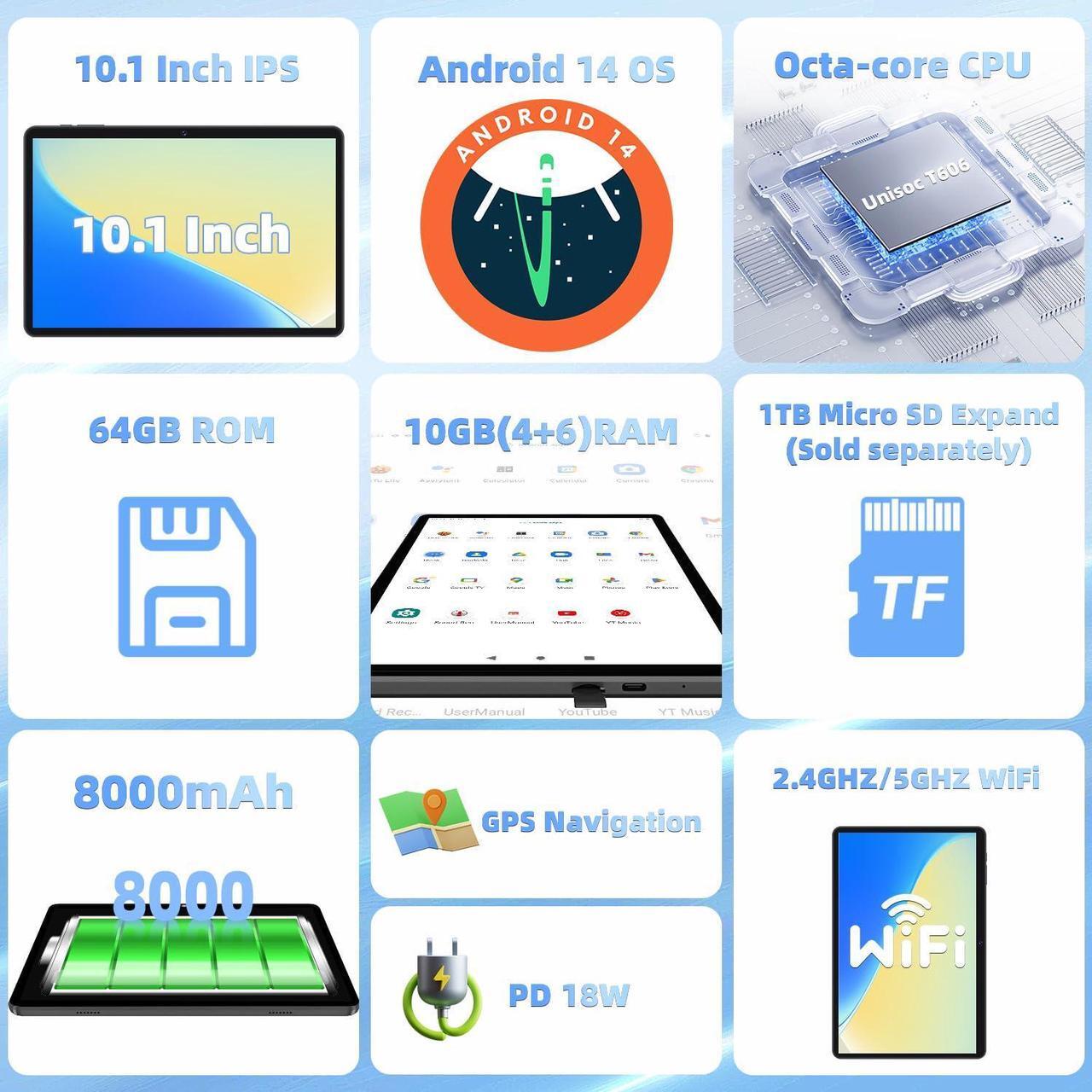 Alt view image 2 of 4 - Android 14 Tablet, Octa-Core Processor+64GB ROM+10GB RAM (4+6), 10.1 Inch Tablet with 8000mAh Battery, 18W PD Charging,1280x800 IPS Screen, Dual Band WiFi, Bluetooth,Tablet with Case,Stylus - Blue
