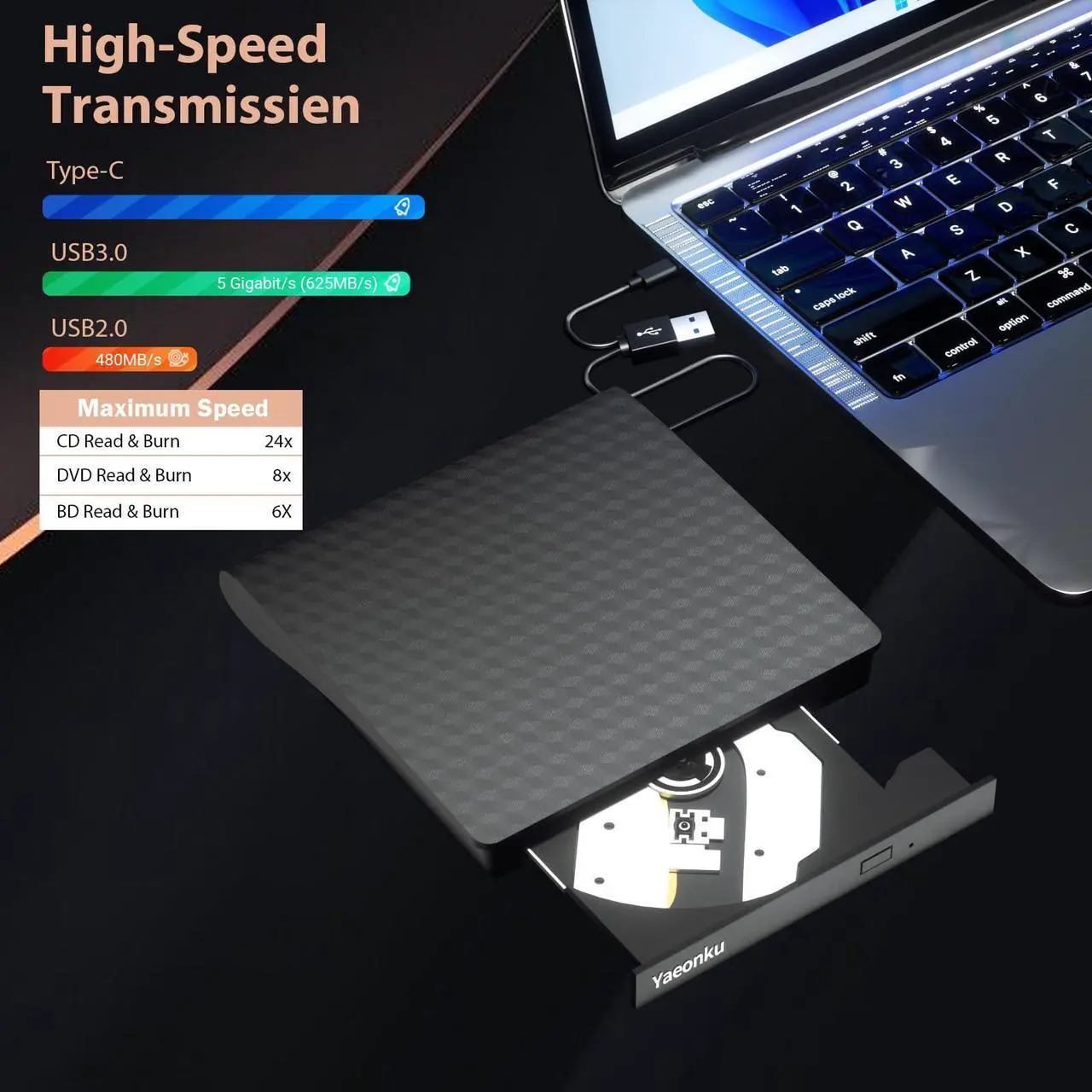 Alt view image 4 of 5 - Yaeonku External Bluray Drive, USB 3.0 and Type-C Blu Ray Burner Player Slim 3D Optical Blu-Ray DVD CD player Compatible with Windows XP/7/8/10/11 Mac OS for PC Laptop Desktop MacBook