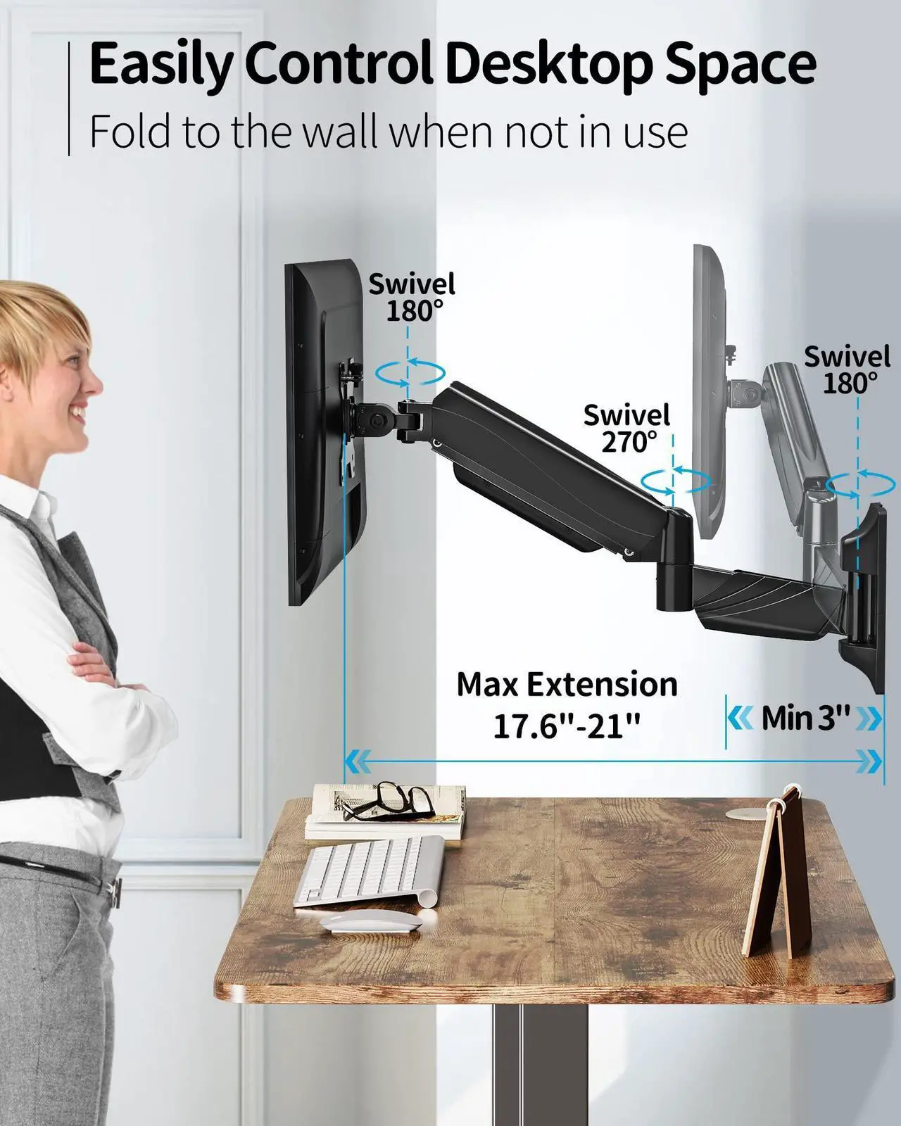 Alt view image 3 of 5 - MOUNTUP Single Monitor Wall Mount Bundle with Dual Monitor and Laptop Desk Mount for VESA Bracket 75x75mm/100x100mm