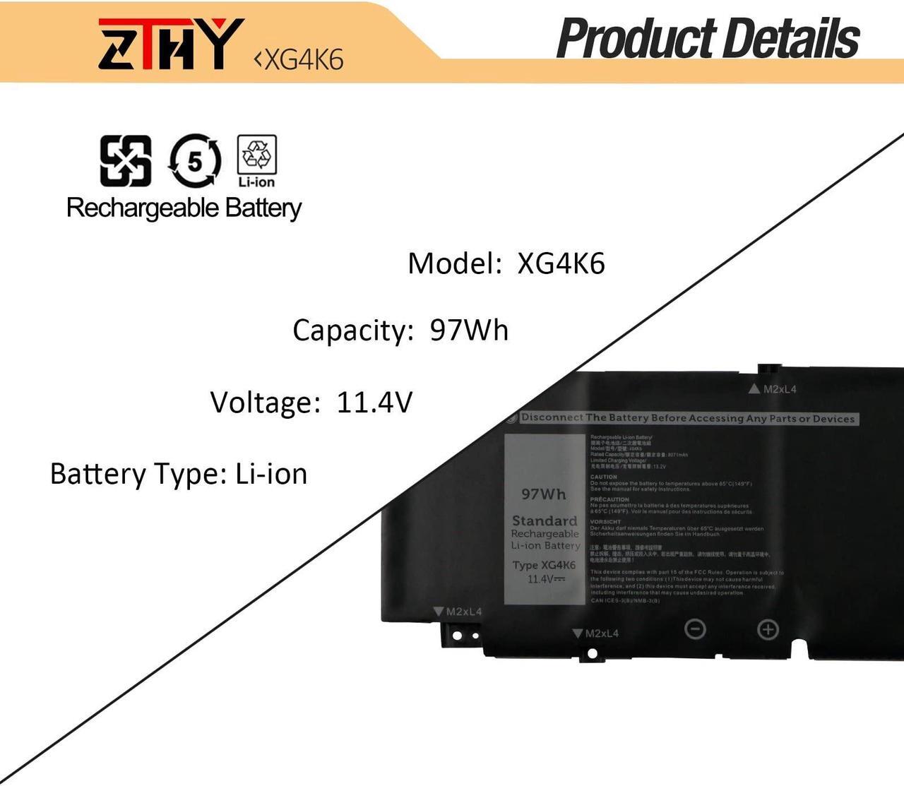 Alt view image 3 of 5 - ZTHY 97Wh XG4K6 Laptop Battery Replacement for Dell XPS 17 9700 9710 9720 9730 Precision 5750 5760 5770 Series P92F P92F001 P92F002 P92F003 01RR3 F8CPG OF8CPG 5XJ6R KVPMY 0YY3V KRDHV 11.4V 6-Cell