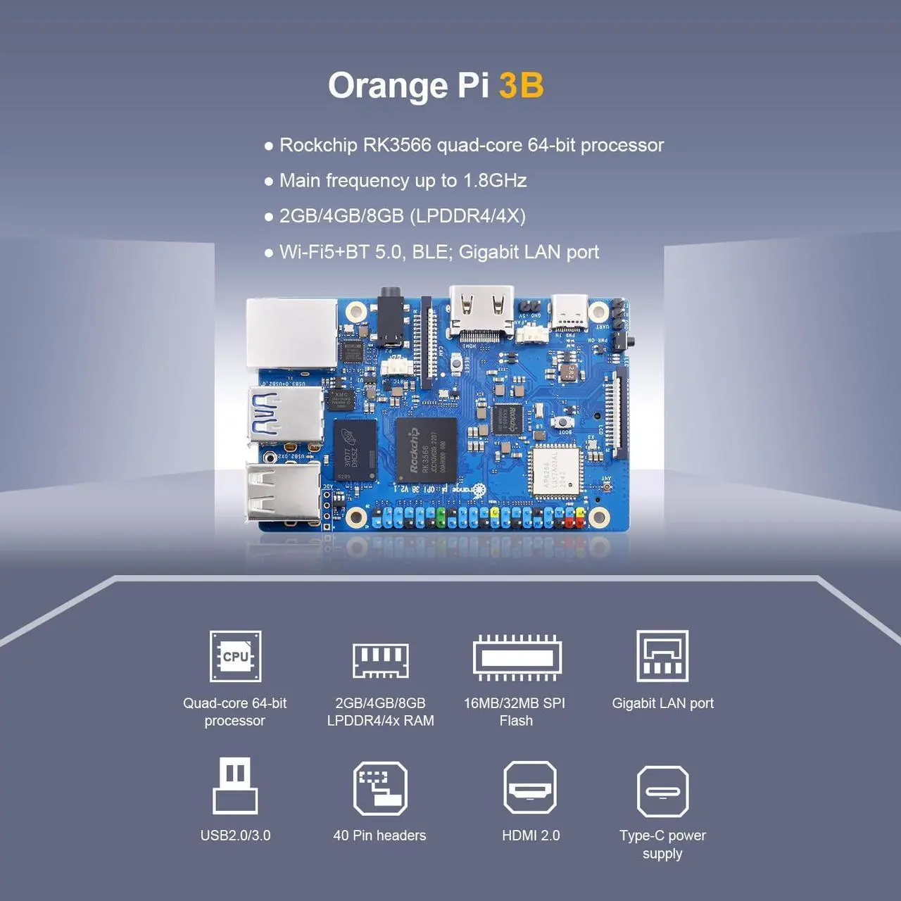 Alt view image 3 of 5 - Orange Pi 3B 2GB LPDDR4/4X Rockchip RK3566 Quad-Core 64-Bit Single Board Computer with eMMC Socket, Support WiFi 5 and Bluetooth, Development Board Run Android/Ubuntu/Debian(Pi 3B 2GB)