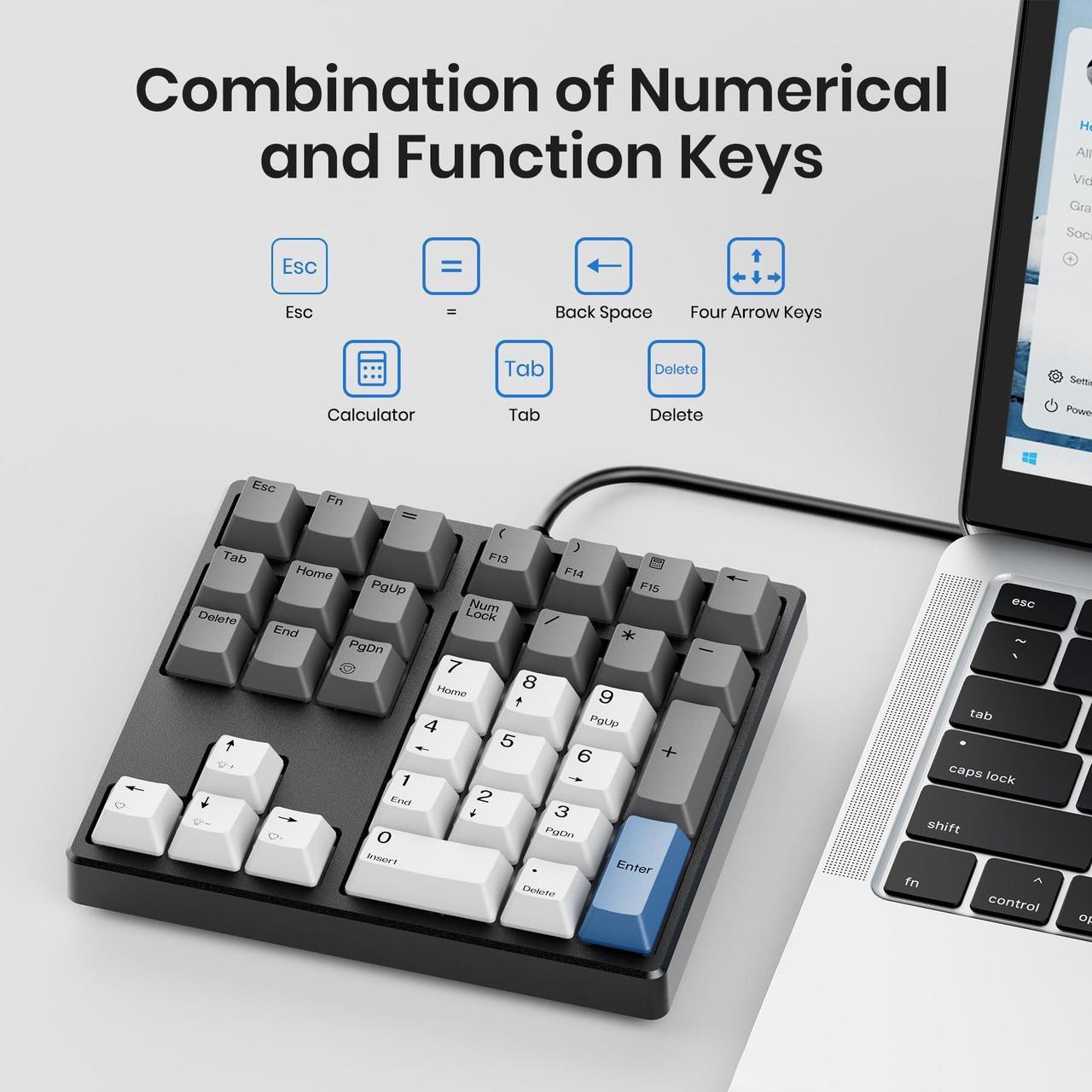 Alt view image 2 of 5 - Kisnt Mechanical Number Pad, 34 Key Hot Swappable Numpad with Gateron Switches Wired USB Numeric Keypad with PBT Keycaps White Backlit Keypad for Laptop, Mac, PC Desktop (Brown Switch)