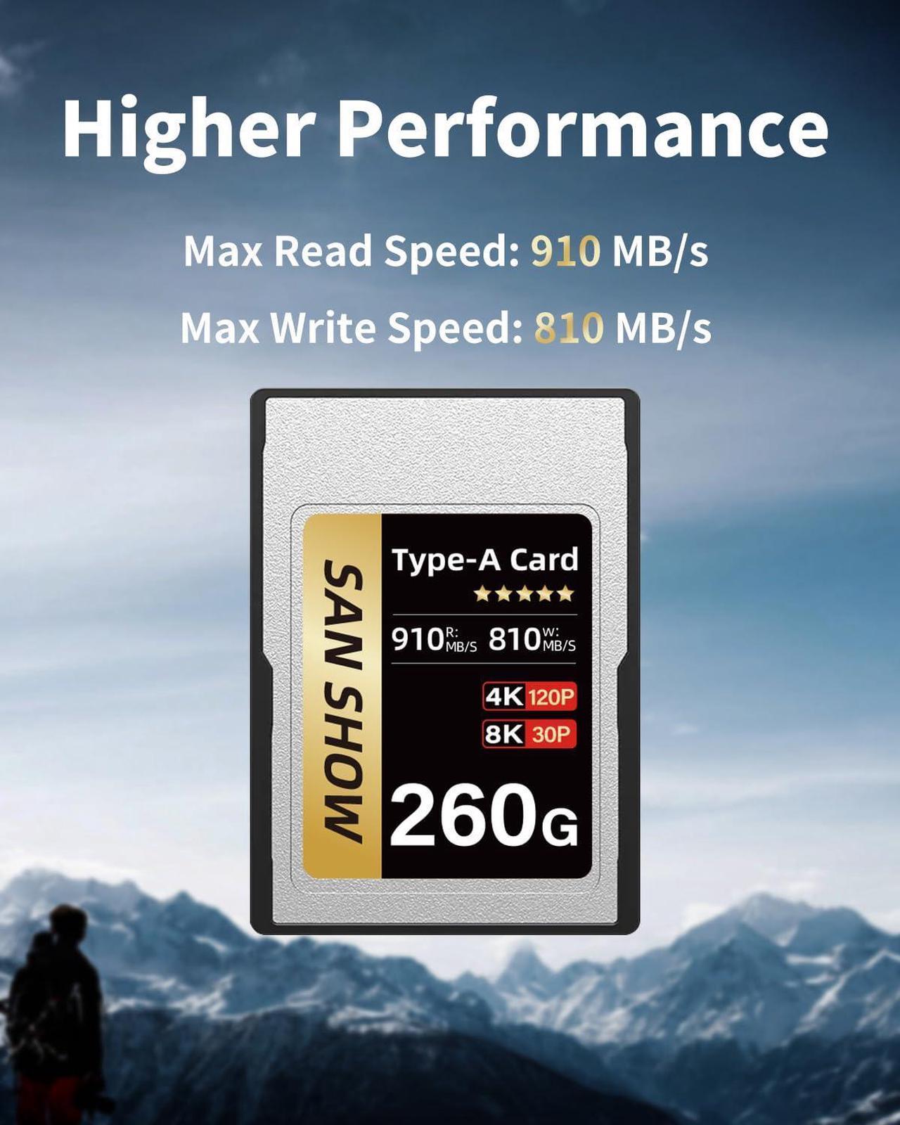Alt view image 2 of 5 - SANSHOWSD CFexpress Type A Memory Card, Up to 910MB/s Read & 810MB/s Write for 4K 8K Recording RAW Video& Photo, Compatible with Sony Alpha&FX Cameras, Supports PCle 3.0 (Gold, 260GB)