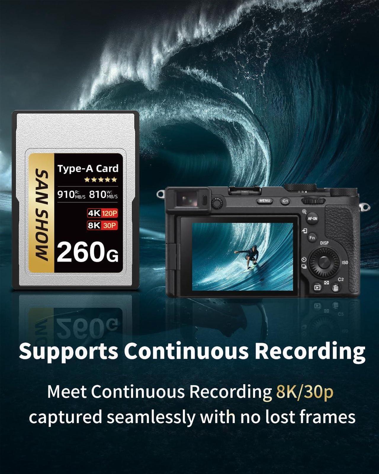 Alt view image 4 of 5 - SANSHOWSD CFexpress Type A Memory Card, Up to 910MB/s Read & 810MB/s Write for 4K 8K Recording RAW Video& Photo, Compatible with Sony Alpha&FX Cameras, Supports PCle 3.0 (Gold, 260GB)
