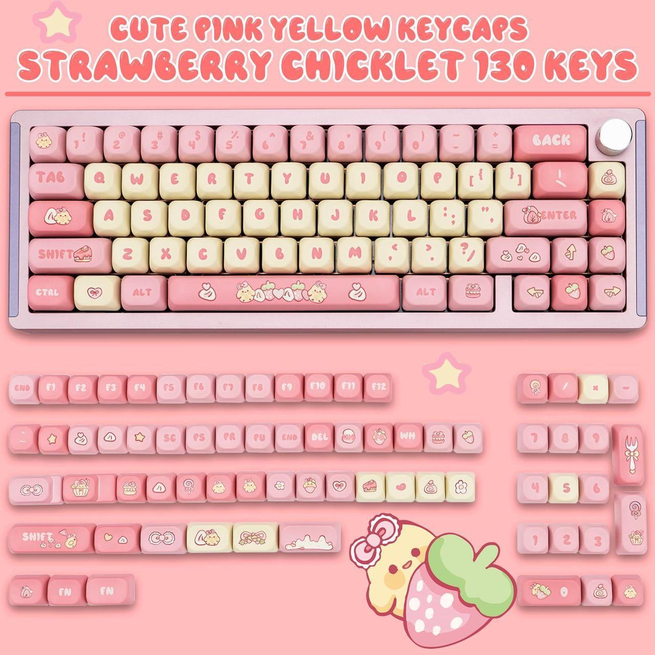 Alt view image 2 of 5 - GEKUCAP PBT Cute Pink Yellow Keycaps 136 Keys XOA Keycaps Dye Sublimation Custom Keycaps Set Round Profile for Cherry MX Switches Mechanical Gaming Keyboards(Strawberry Chick Theme)