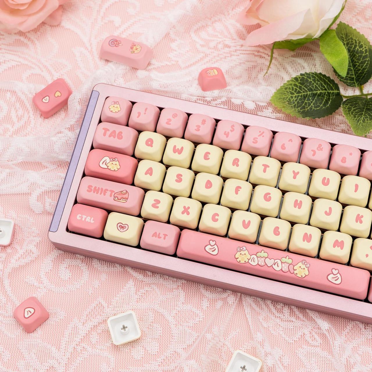 Alt view image 4 of 5 - GEKUCAP PBT Cute Pink Yellow Keycaps 136 Keys XOA Keycaps Dye Sublimation Custom Keycaps Set Round Profile for Cherry MX Switches Mechanical Gaming Keyboards(Strawberry Chick Theme)