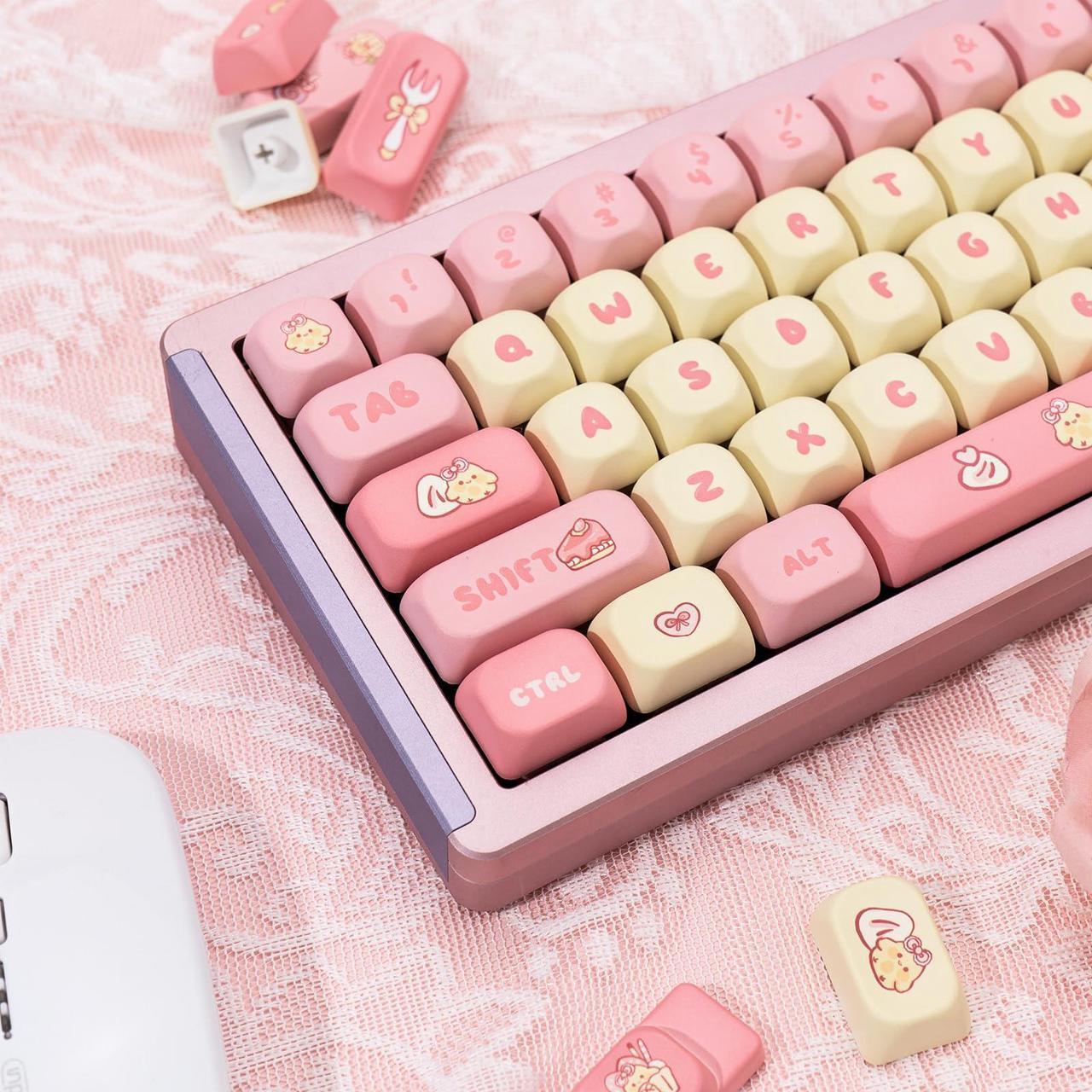 Alt view image 5 of 5 - GEKUCAP PBT Cute Pink Yellow Keycaps 136 Keys XOA Keycaps Dye Sublimation Custom Keycaps Set Round Profile for Cherry MX Switches Mechanical Gaming Keyboards(Strawberry Chick Theme)