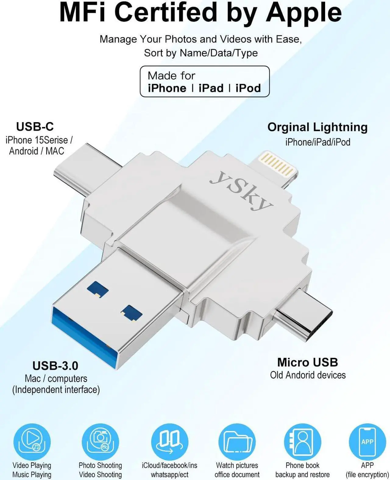 Alt view image 3 of 5 - MFi Certified 512GB Photo Stick for iPhone Flash Drive,4 in1 External Storage Thumb Drive for iPhone Photos Videos Contacts Backup,USB C Memory Stick Flash Drives for iPhone/iPad/Android/PC/MAC