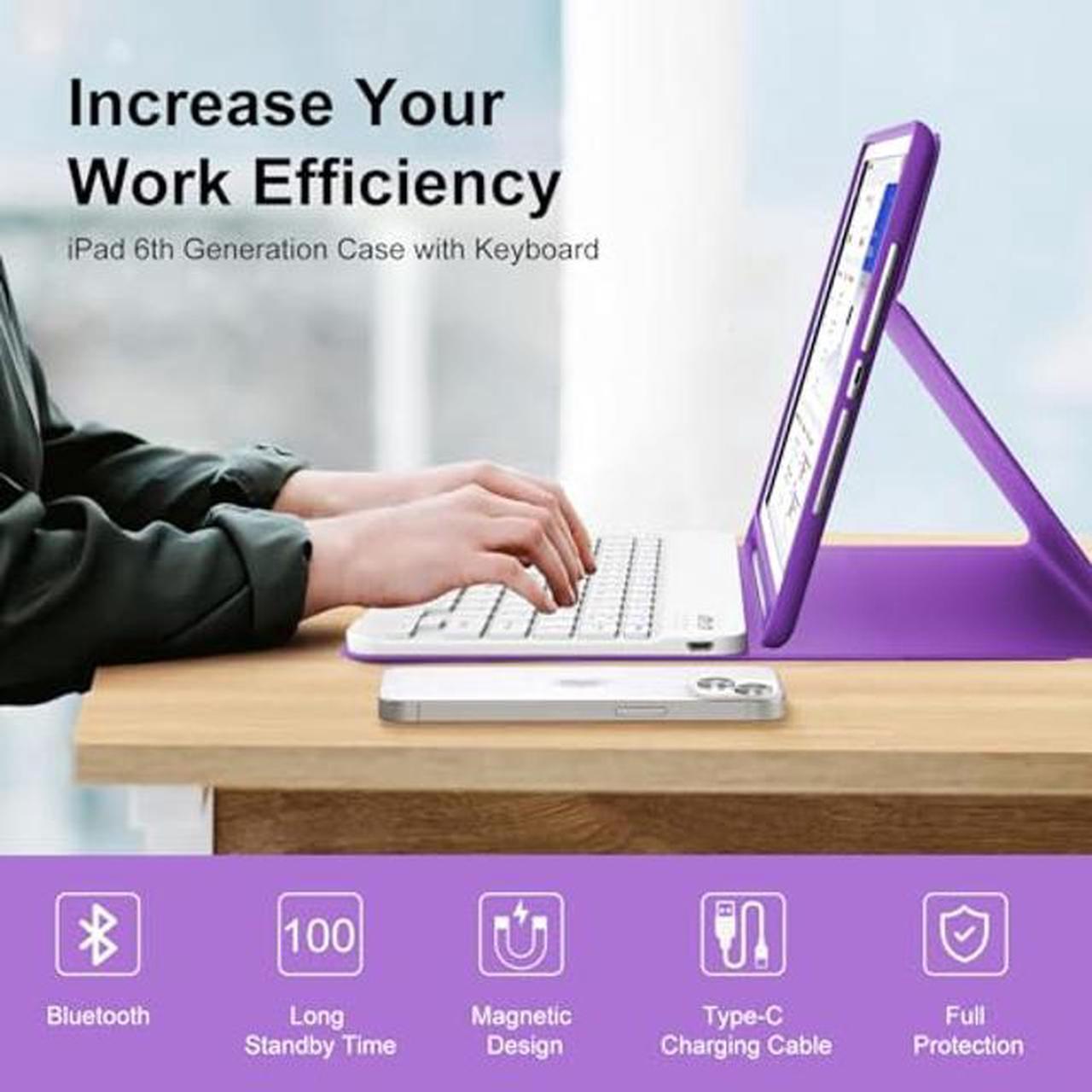 Alt view image 3 of 5 - KVAGO Keyboard Case for iPad 9.7 inch, Compatible with iPad 6th Gen,iPad 5th Gen, iPad Pro 9.7 inch, iPad Air 2, iPad Air, Wireless Bluetooth Keyboard, Protective Folio Cover with Pencil Holder Purple