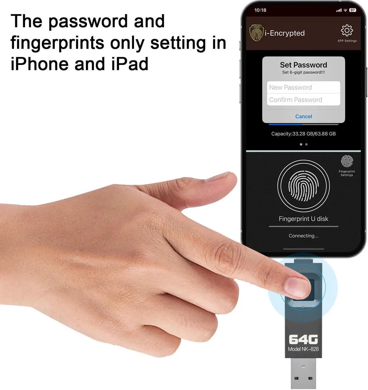 Alt view image 4 of 5 - Encrypted USB Drive,Fingerprint Flash Drive,Secure Password Protected U Disk, USB Memory Stick, USB Thumb Drive,Encryption Storage for iPhone/iPad/iPadmini/Mac/PC(64G)