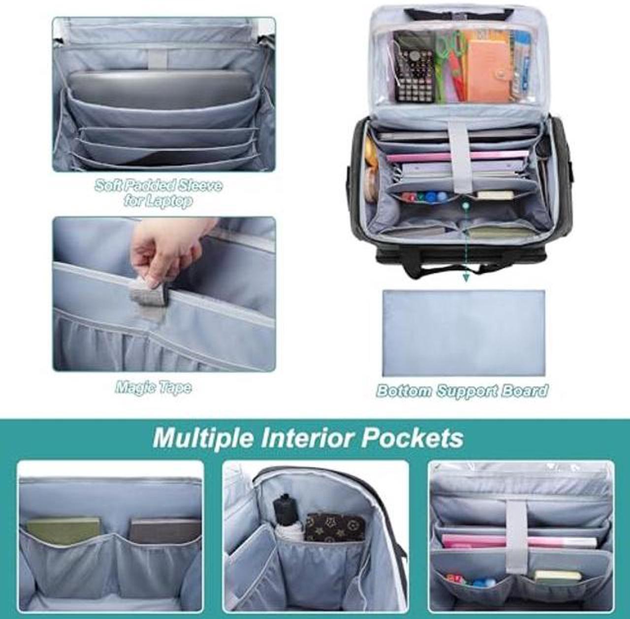 Alt view image 4 of 5 - CURMIO Rolling Teacher Bag with Scalable File Organizer Compartment and Bottom Support Board, Teacher Tote Bag with Wheels for Teaching, Craft, Business Travel, Gray (Patented Design)