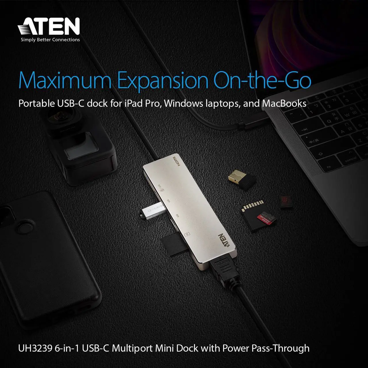 Alt view image 4 of 5 - ATEN UH3239 4K 6 Ports USB C 6-in-1 Portable Mini Docking Station USB C Port Thunderbolt 3, HDMI, SD, Micro SD Card, USB 3.2 60W PD 2.0 for Laptop Tablet Smartphones for Windows and MacBook