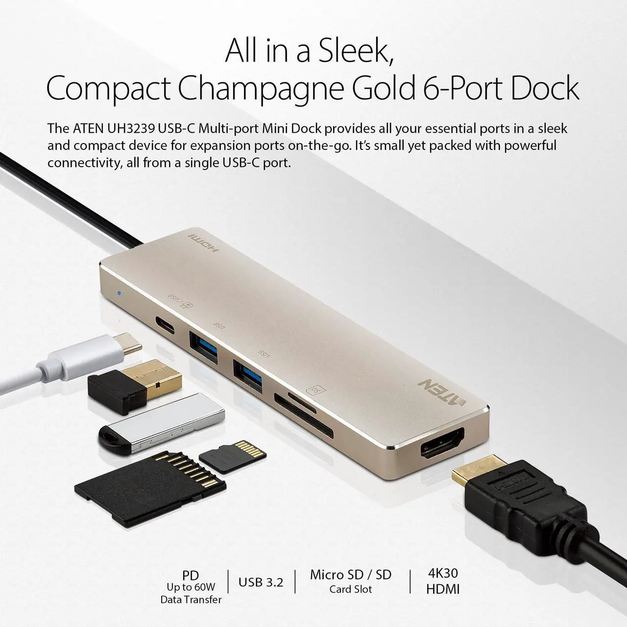 Alt view image 5 of 5 - ATEN UH3239 4K 6 Ports USB C 6-in-1 Portable Mini Docking Station USB C Port Thunderbolt 3, HDMI, SD, Micro SD Card, USB 3.2 60W PD 2.0 for Laptop Tablet Smartphones for Windows and MacBook