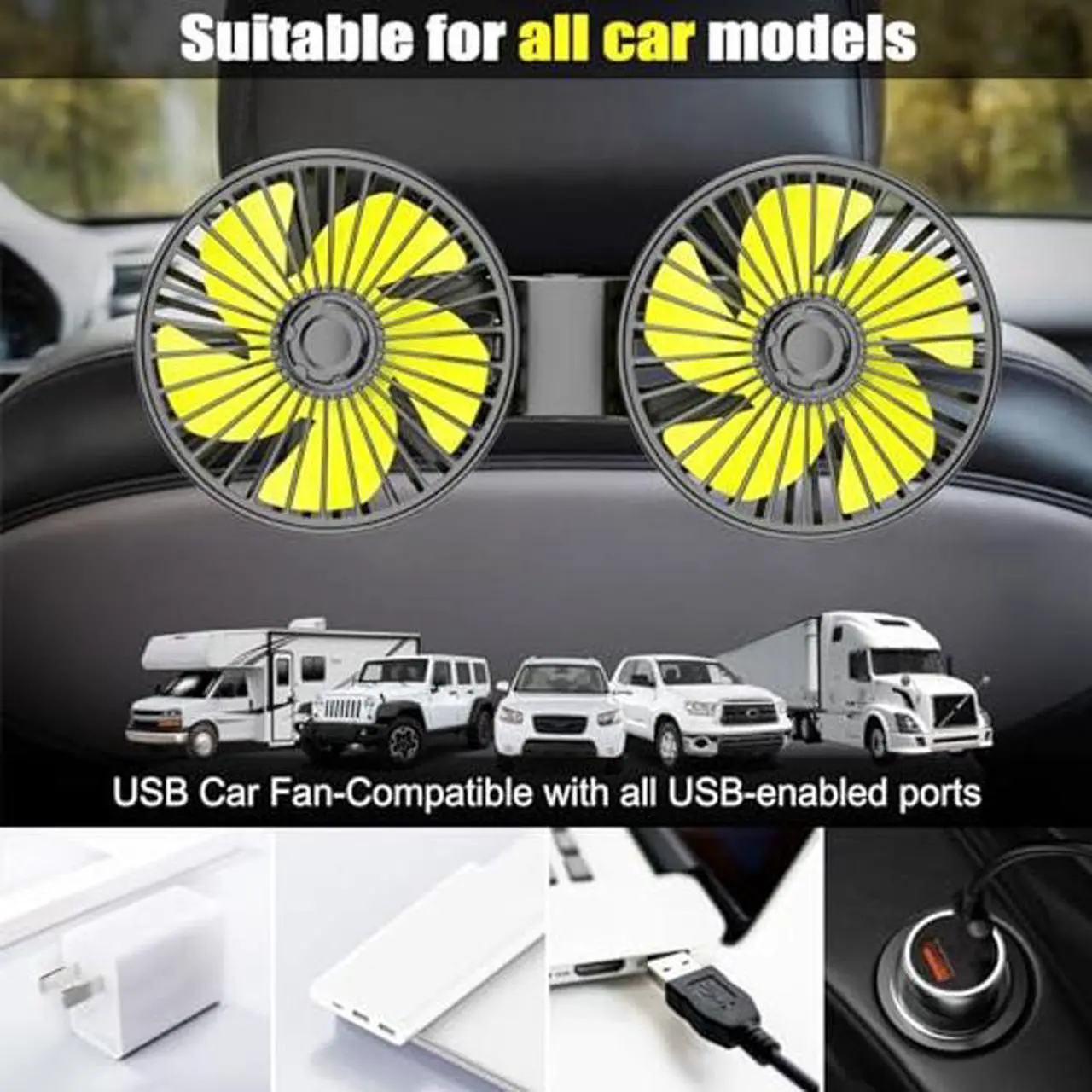 Alt view image 5 of 5 - Car Fan, Dual Heads Car Fan for Backseat USB Car Rear Seat Fan Car Cooling Fan, 3 Speeds 360deg Rotatable Strong Wind Portable USB Fan with Adjustable Clip Electric Car Fans for Vehicles RV SUV Truck