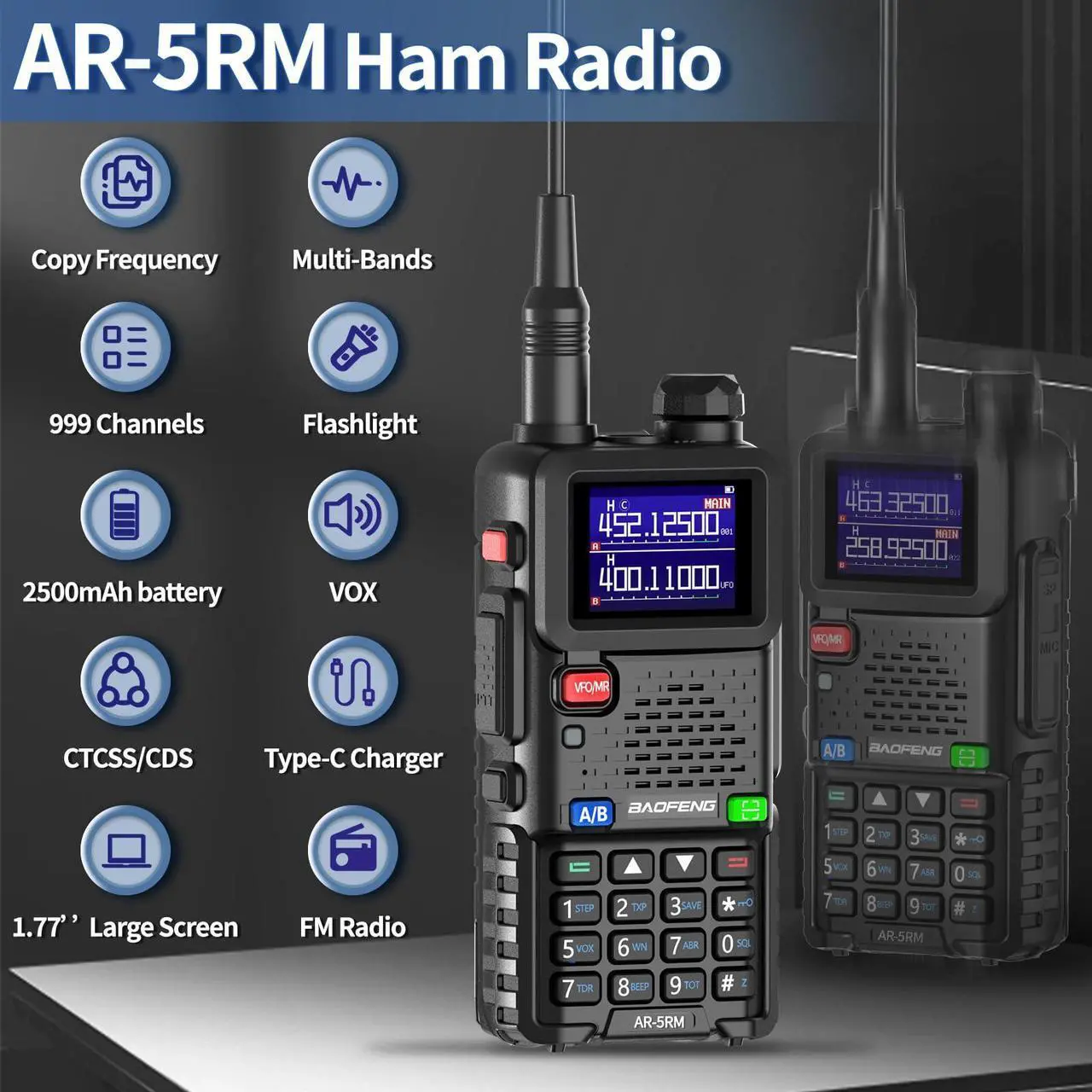 Alt view image 3 of 5 - BaoFeng Radio 10W Ham Radio Long Range AR-5RM Handheld Two Way Radio NOAA Weather Receiver Rechargeable UV-5R Walkie Talkies, Copy Frequency 999CH with Type C Charging 2500mAh Battery (2 Pack)