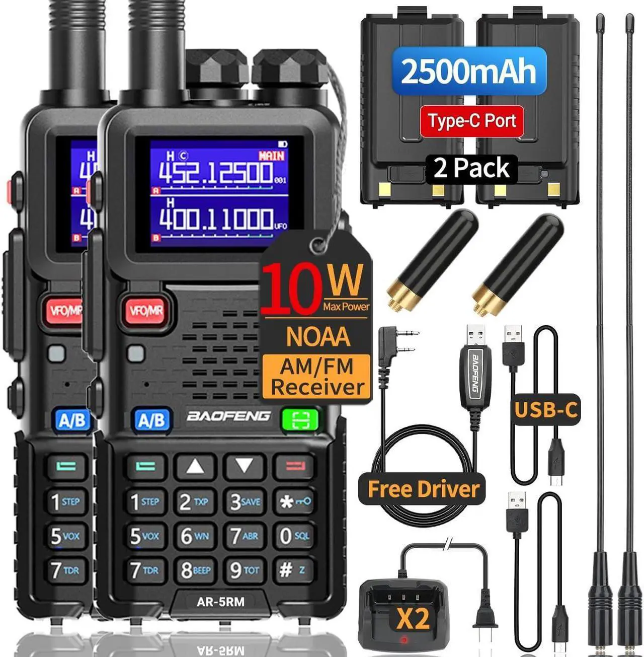 Main image of BaoFeng Radio 10W Ham Radio Long Range AR-5RM Handheld Two Way Radio NOAA Weather Receiver Rechargeable UV-5R Walkie Talkies, Copy Frequency 999CH with Type C Charging 2500mAh Battery (2 Pack)