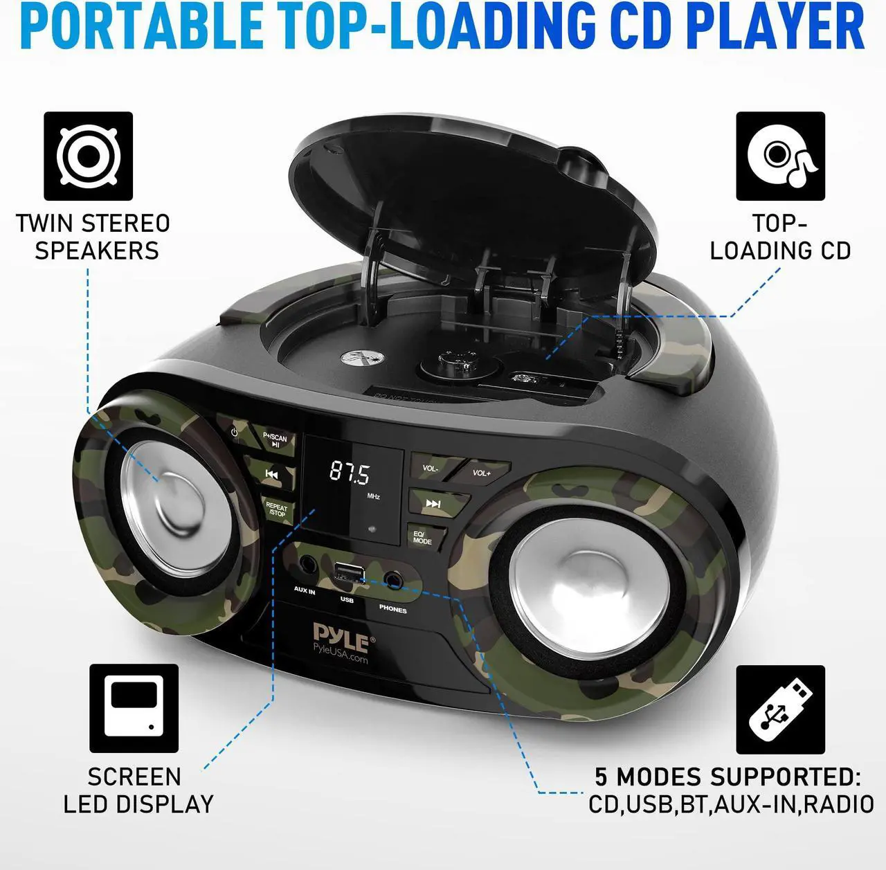 Alt view image 2 of 5 - Pyle Portable CD Player Bluetooth Boombox Speaker - AM/FM Stereo Radio & Audio Sound, Supports CD-R-RW/MP3/WMA, USB, AUX, Headphone, LED Display, AC/Battery Powered, Camouflage - Pyle PHCD55.5