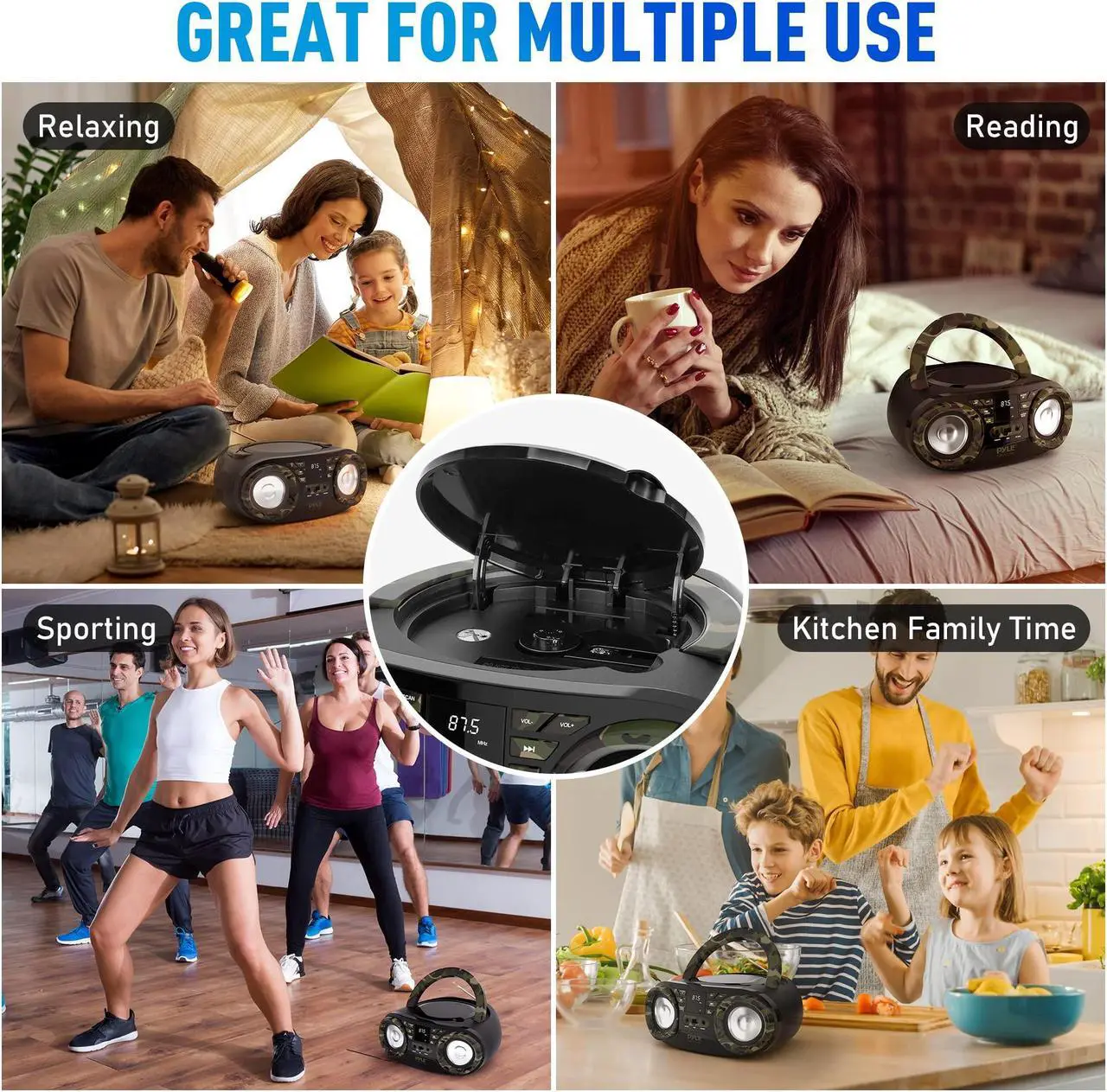 Alt view image 4 of 5 - Pyle Portable CD Player Bluetooth Boombox Speaker - AM/FM Stereo Radio & Audio Sound, Supports CD-R-RW/MP3/WMA, USB, AUX, Headphone, LED Display, AC/Battery Powered, Camouflage - Pyle PHCD55.5