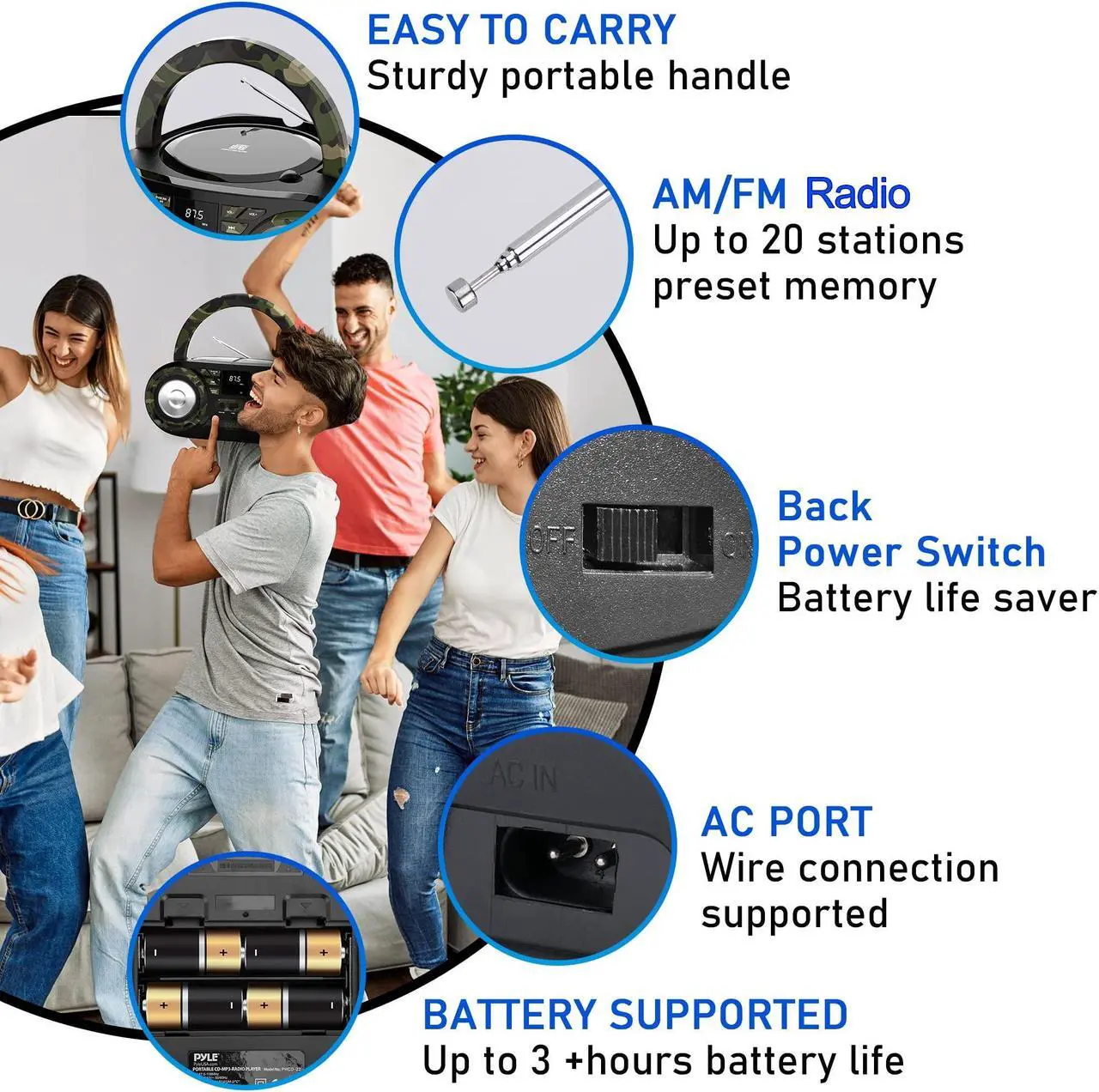 Alt view image 3 of 5 - Pyle Portable CD Player Bluetooth Boombox Speaker - AM/FM Stereo Radio & Audio Sound, Supports CD-R-RW/MP3/WMA, USB, AUX, Headphone, LED Display, AC/Battery Powered, Camouflage - Pyle PHCD55.5