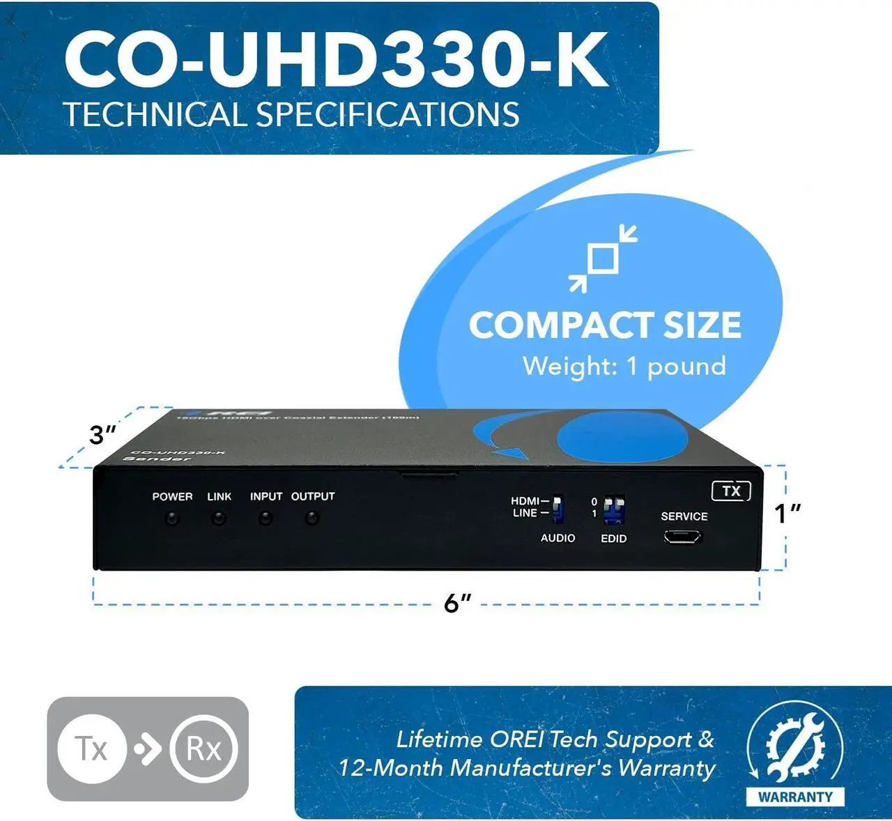 Alt view image 3 of 5 - OREI 4K HDMI over Coax Extender Upto 330 Feet - UltrHD HDMI 2.0 Over Coaxial Cable 75Ohm RG-6 Copper Dual Bidirectional IR Control, Audio Out CO-UHD330-K