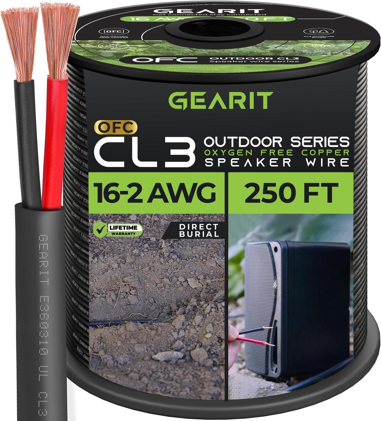 Main image of GearIT 16/2 Speaker Wire (250 Feet) 16AWG Gauge - Outdoor Direct Burial in Ground/in Wall / CL3 CL2 Rated / 2 Conductors - OFC Oxygen-Free Copper, Black 250ft