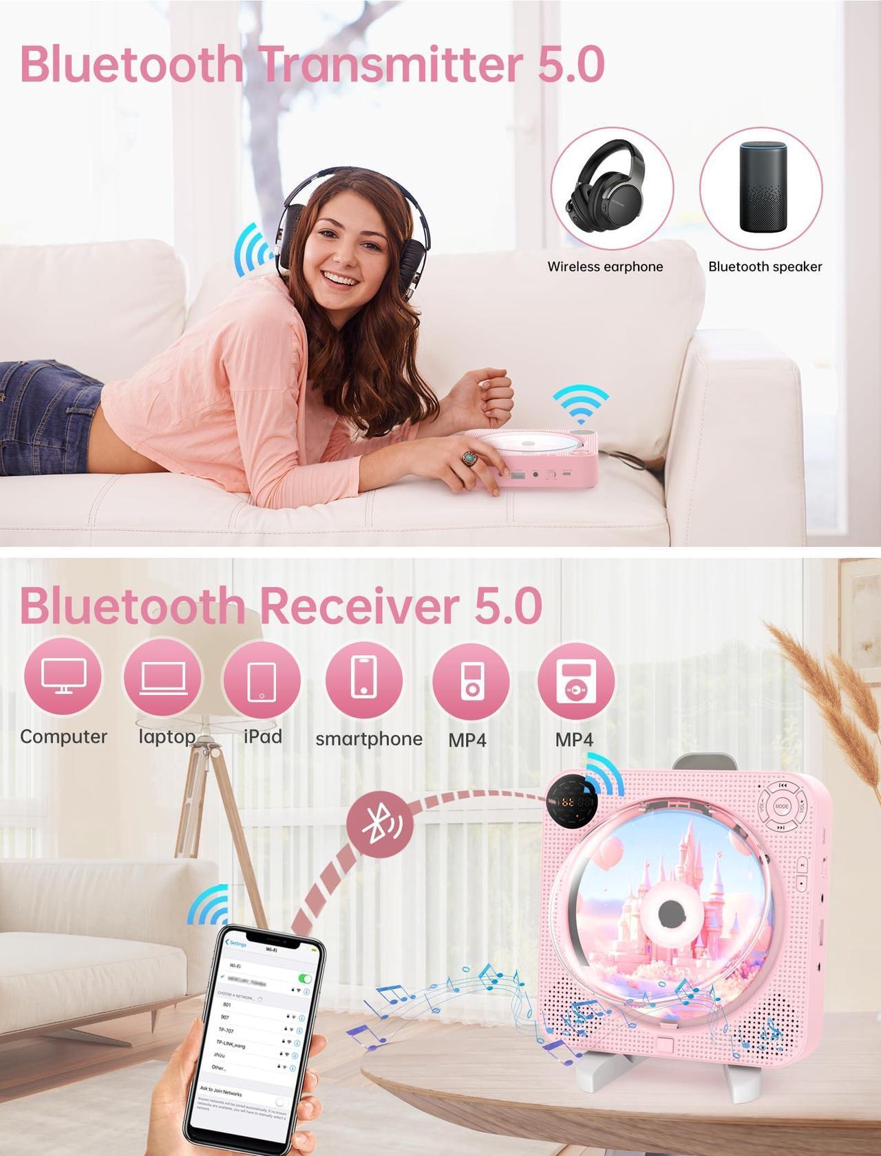 Alt view image 3 of 5 - CD Player Portable, Bluetooth CD Player with Speakers Small CD Player for Home with Remote Control FM Radio Digital Screen Headphone Jack, Wall CD Player Support AUX in Cable&USB,Pink Kpop CD Player
