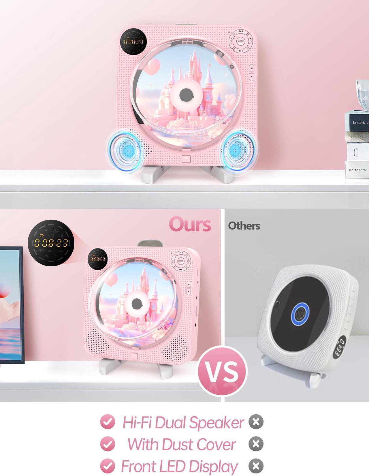 Alt view image 5 of 5 - CD Player Portable, Bluetooth CD Player with Speakers Small CD Player for Home with Remote Control FM Radio Digital Screen Headphone Jack, Wall CD Player Support AUX in Cable&USB,Pink Kpop CD Player