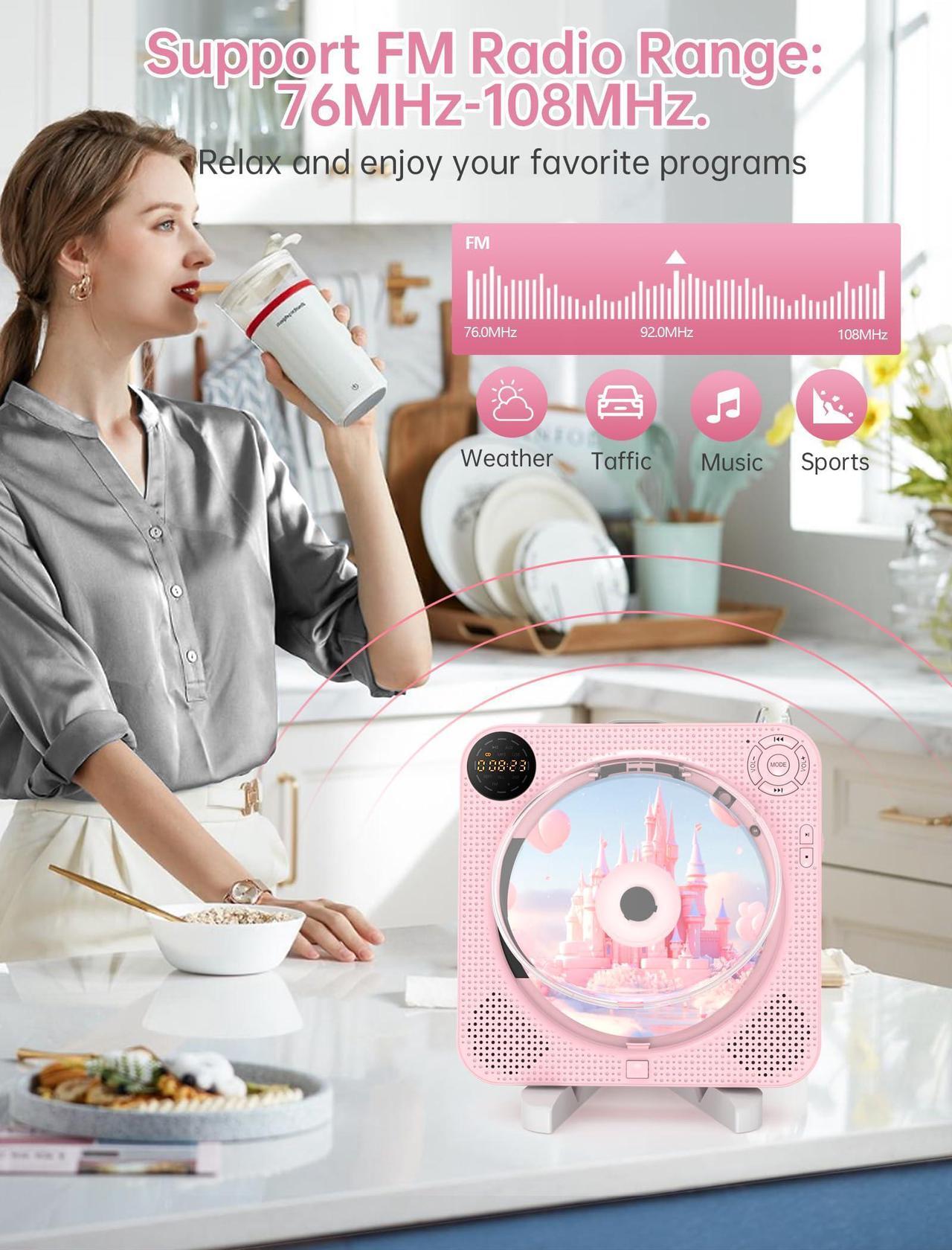 Alt view image 4 of 5 - CD Player Portable, Bluetooth CD Player with Speakers Small CD Player for Home with Remote Control FM Radio Digital Screen Headphone Jack, Wall CD Player Support AUX in Cable&USB,Pink Kpop CD Player