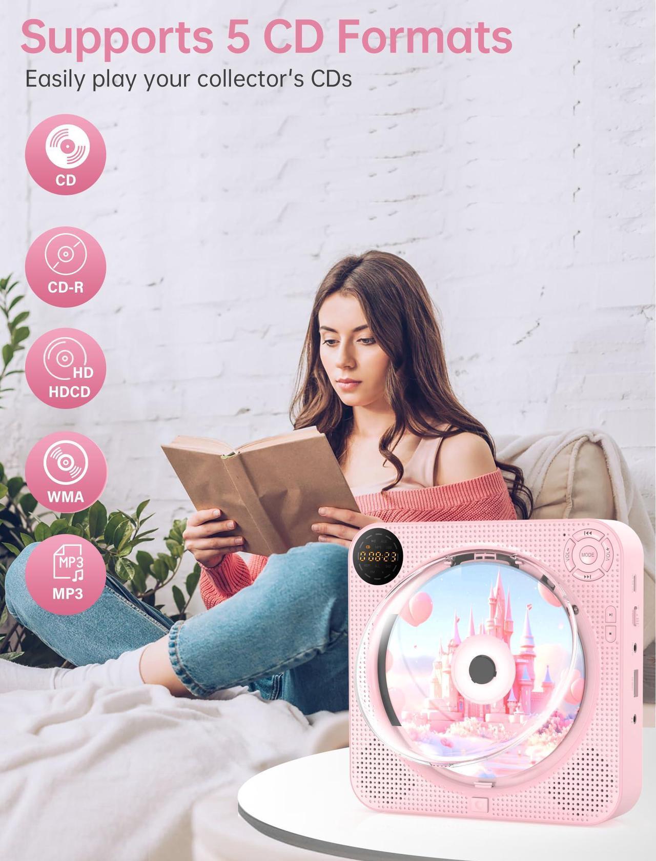 Alt view image 2 of 5 - CD Player Portable, Bluetooth CD Player with Speakers Small CD Player for Home with Remote Control FM Radio Digital Screen Headphone Jack, Wall CD Player Support AUX in Cable&USB,Pink Kpop CD Player
