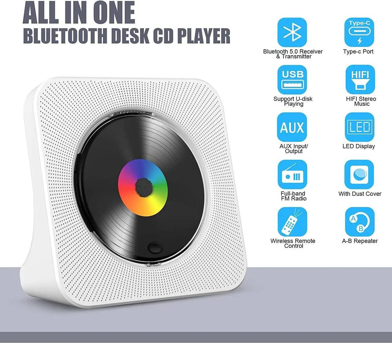 Alt view image 2 of 5 - Gueray CD Player Portable Bluetooth Desktop CD Player for Home with Timer Built-in HiFi Speakers with LCD Screen Display Boombox FM Radio USB Type-c