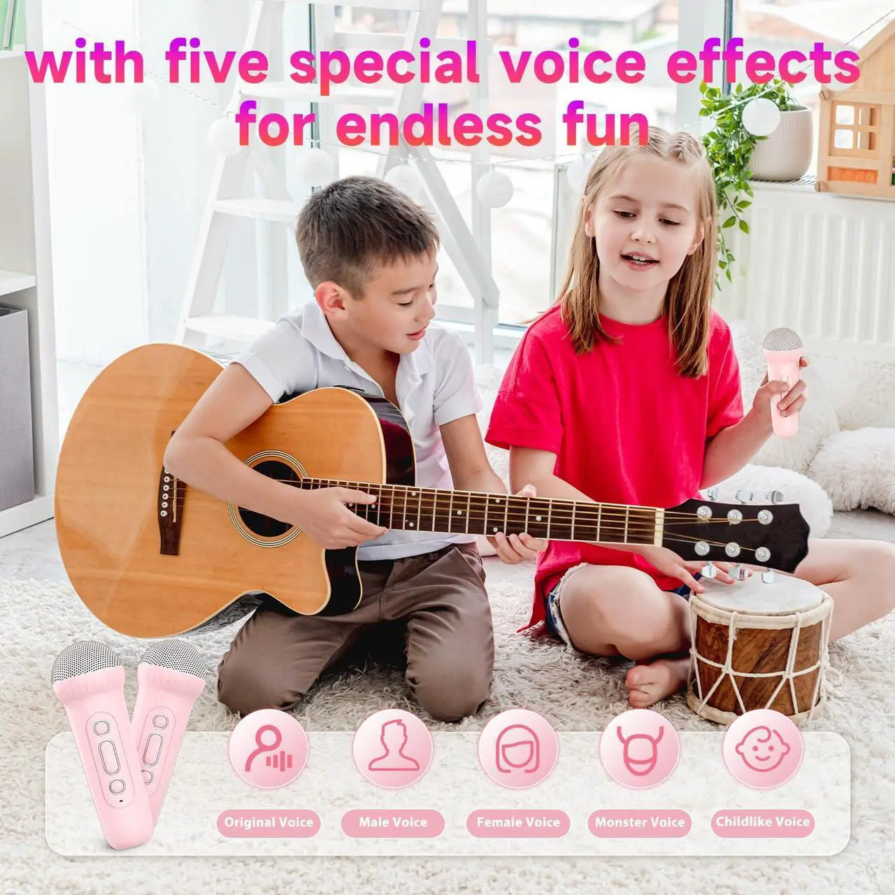 Alt view image 2 of 5 - Heetipuk Mini Karaoke Machine,Portable Bluetooth Speaker with 2 Wireless Microphones for Kids Adults Dazzling Lights,Support TF Card/USB/AUX,Toys for Kids Home Party Birthday-pink