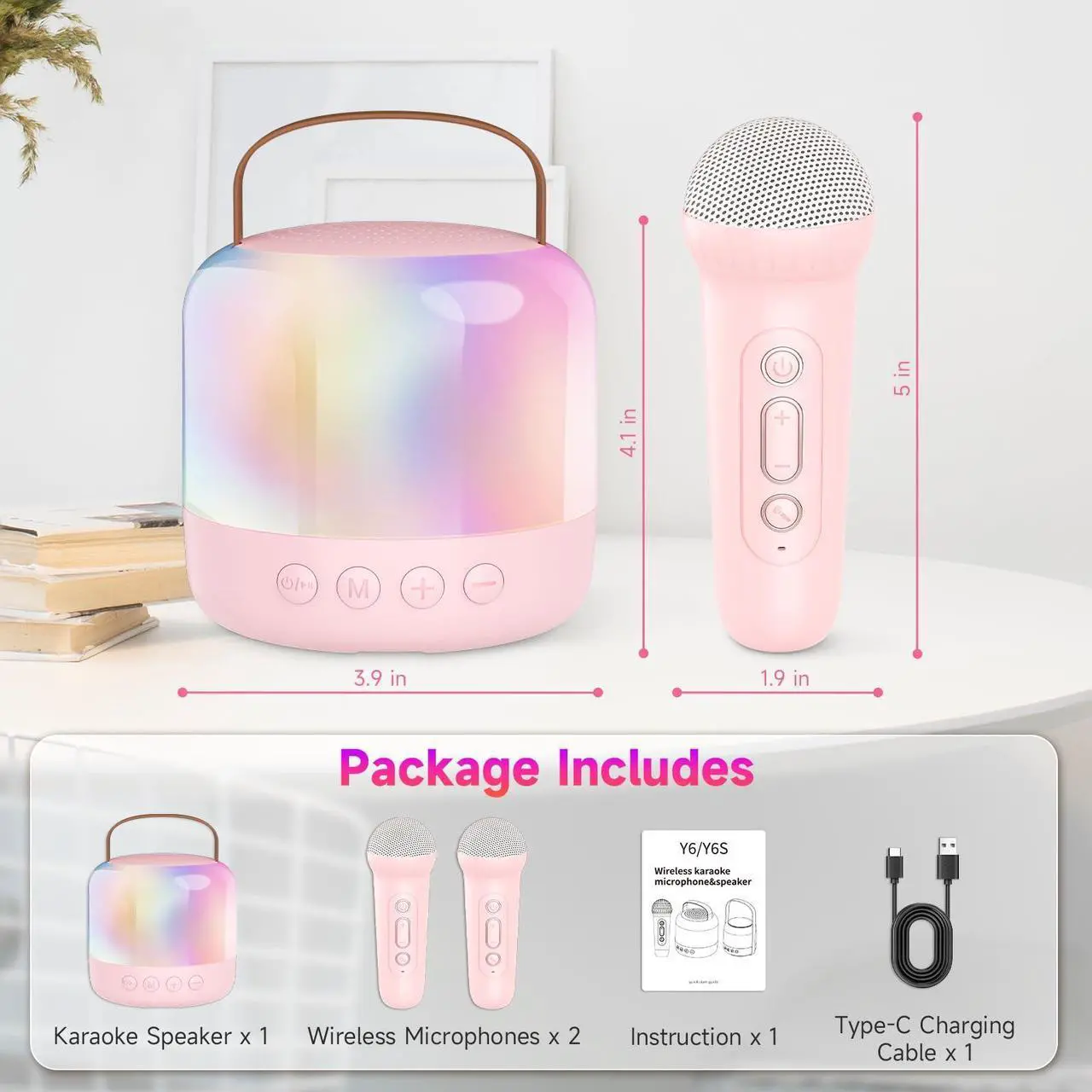 Alt view image 5 of 5 - Heetipuk Mini Karaoke Machine,Portable Bluetooth Speaker with 2 Wireless Microphones for Kids Adults Dazzling Lights,Support TF Card/USB/AUX,Toys for Kids Home Party Birthday-pink