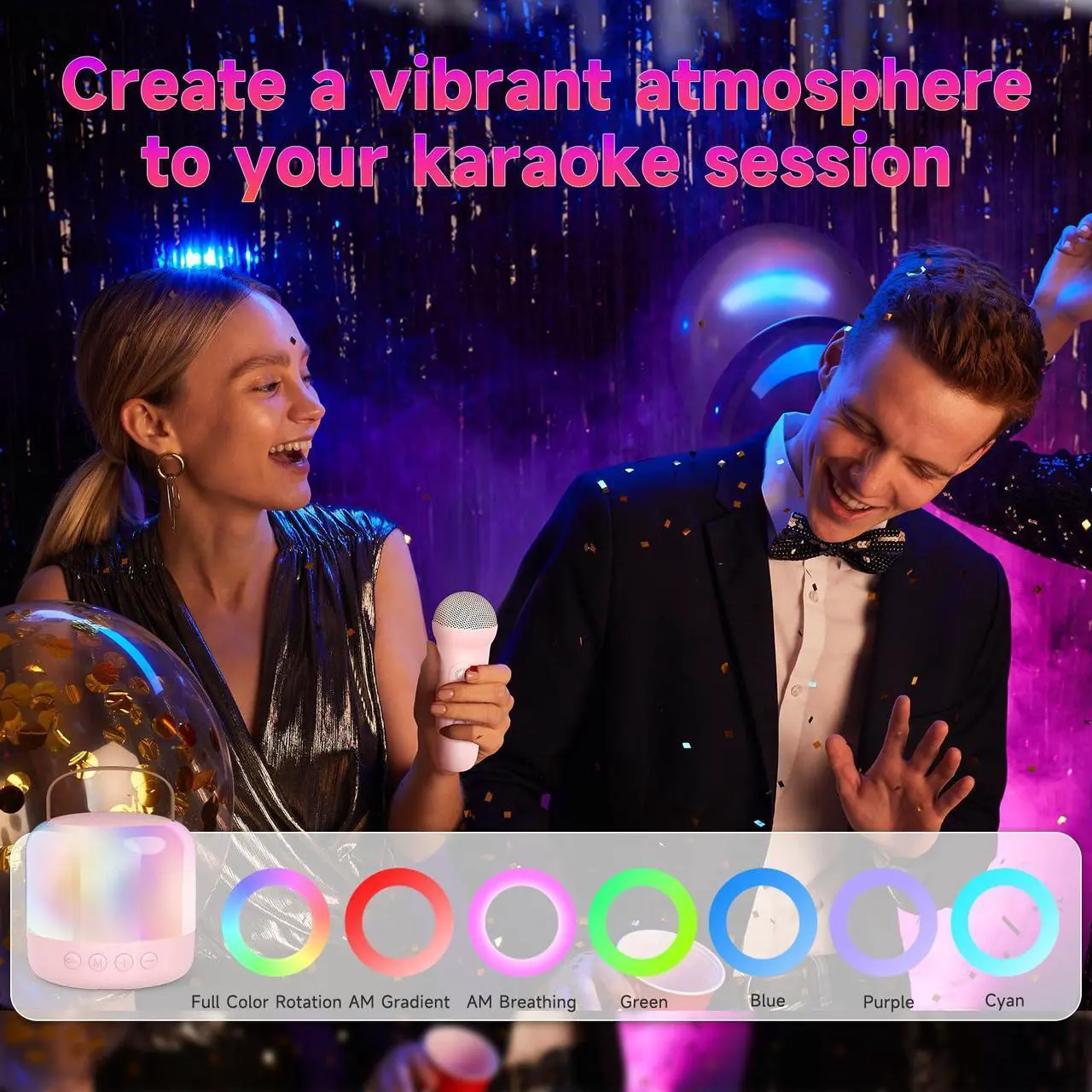 Alt view image 3 of 5 - Heetipuk Mini Karaoke Machine,Portable Bluetooth Speaker with 2 Wireless Microphones for Kids Adults Dazzling Lights,Support TF Card/USB/AUX,Toys for Kids Home Party Birthday-pink