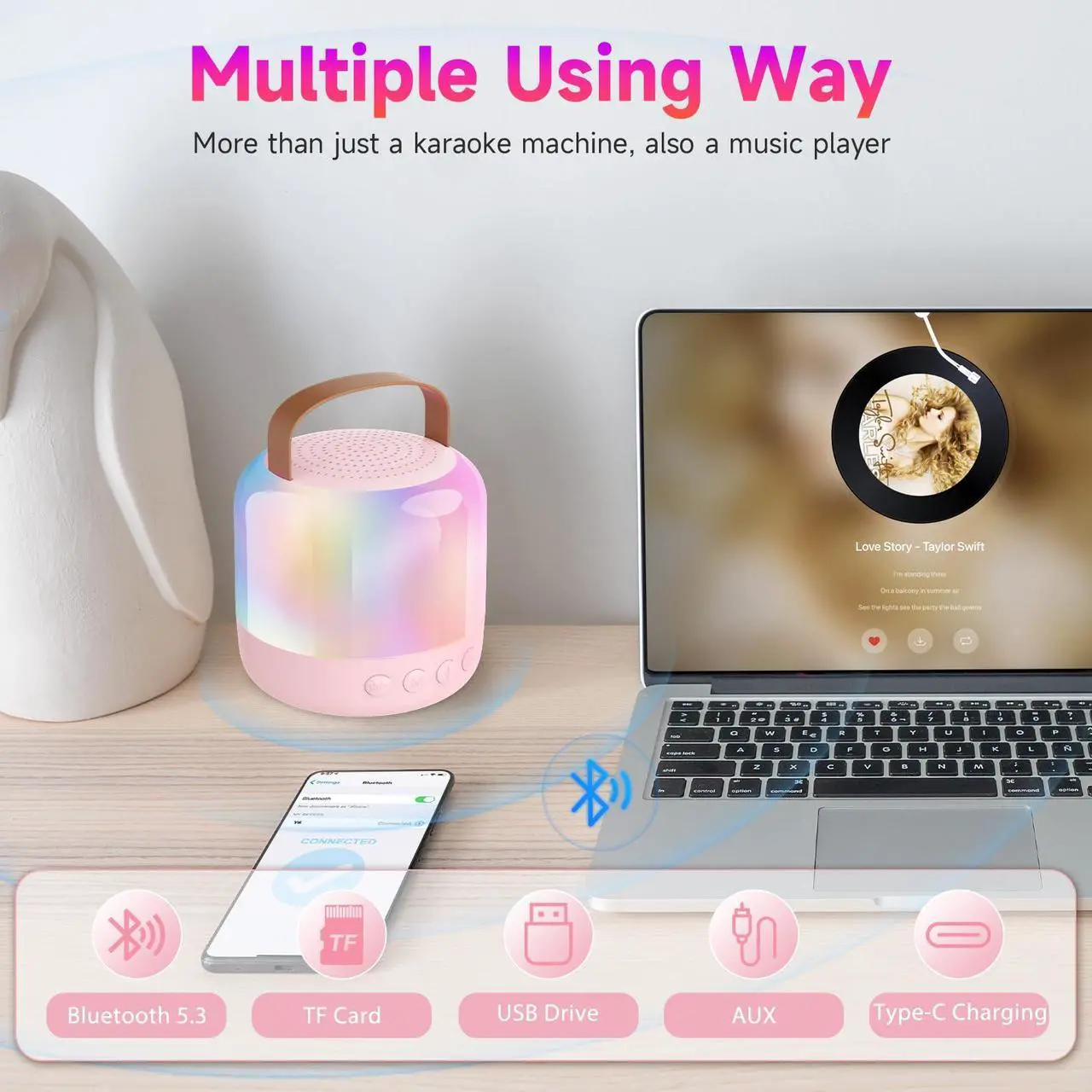 Alt view image 4 of 5 - Heetipuk Mini Karaoke Machine,Portable Bluetooth Speaker with 2 Wireless Microphones for Kids Adults Dazzling Lights,Support TF Card/USB/AUX,Toys for Kids Home Party Birthday-pink