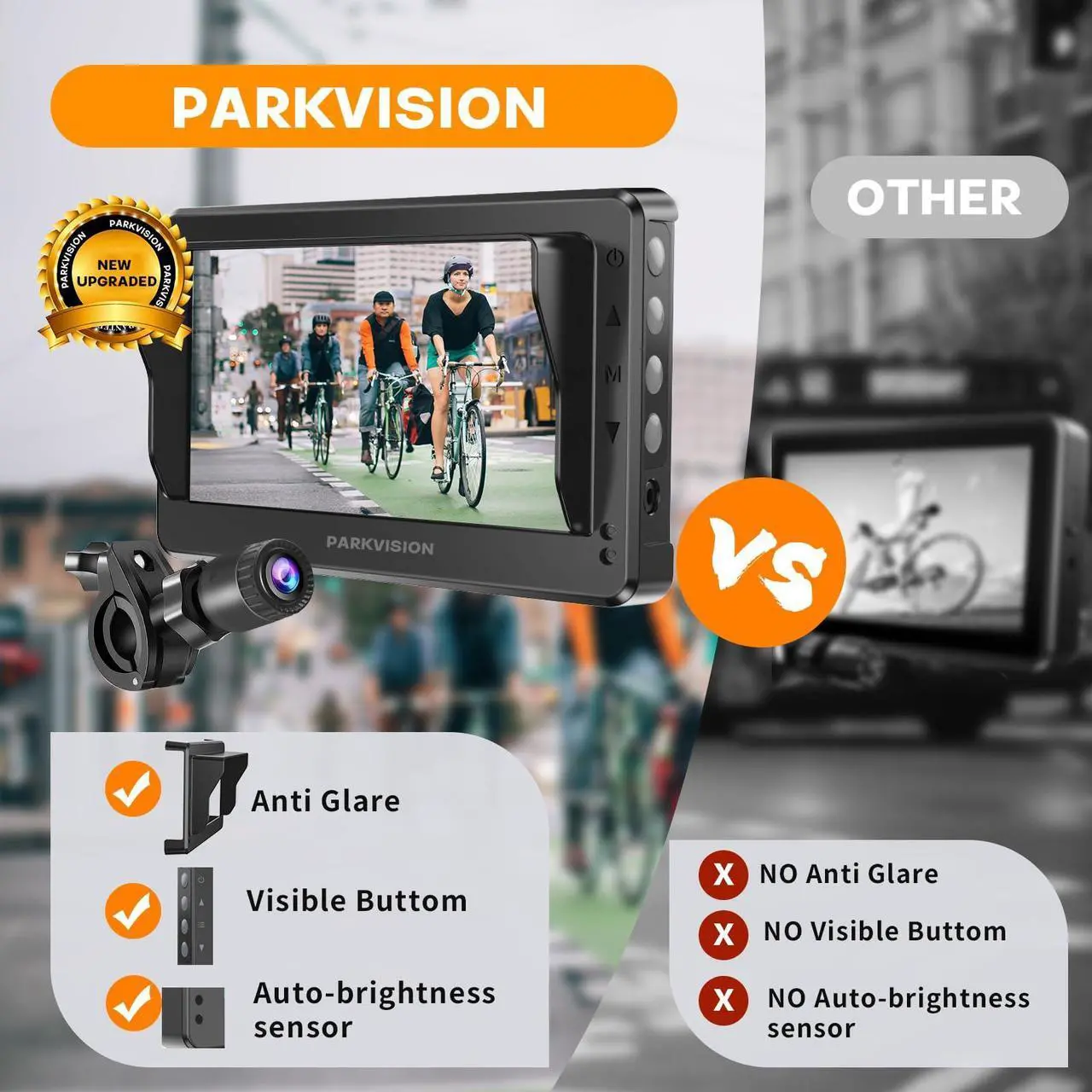 Alt view image 2 of 5 - PARKVISION Bicycle Rear View Camera with Sunshade -4.3''Waterproof HD 1080P Monitor with Auto Dim -8000mah Rechargeable Battery -3 Mins Installation Bike Mirror Camera for Mountain Ebike
