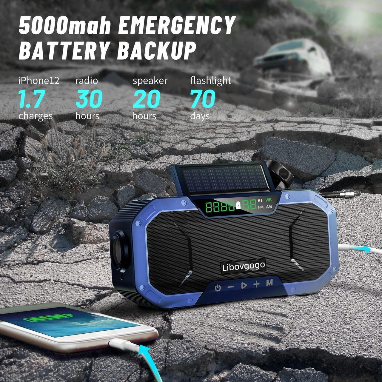 Alt view image 3 of 5 - Emergency Radio Waterproof Bluetooth Speaker,Portable Digital AM FM Radio with Flashlight,Reading Lamp,Hand Crank NOAA Weather Radio with Solar Panel,5000mAH Cell Phone Charger,Emergency Survival Kit