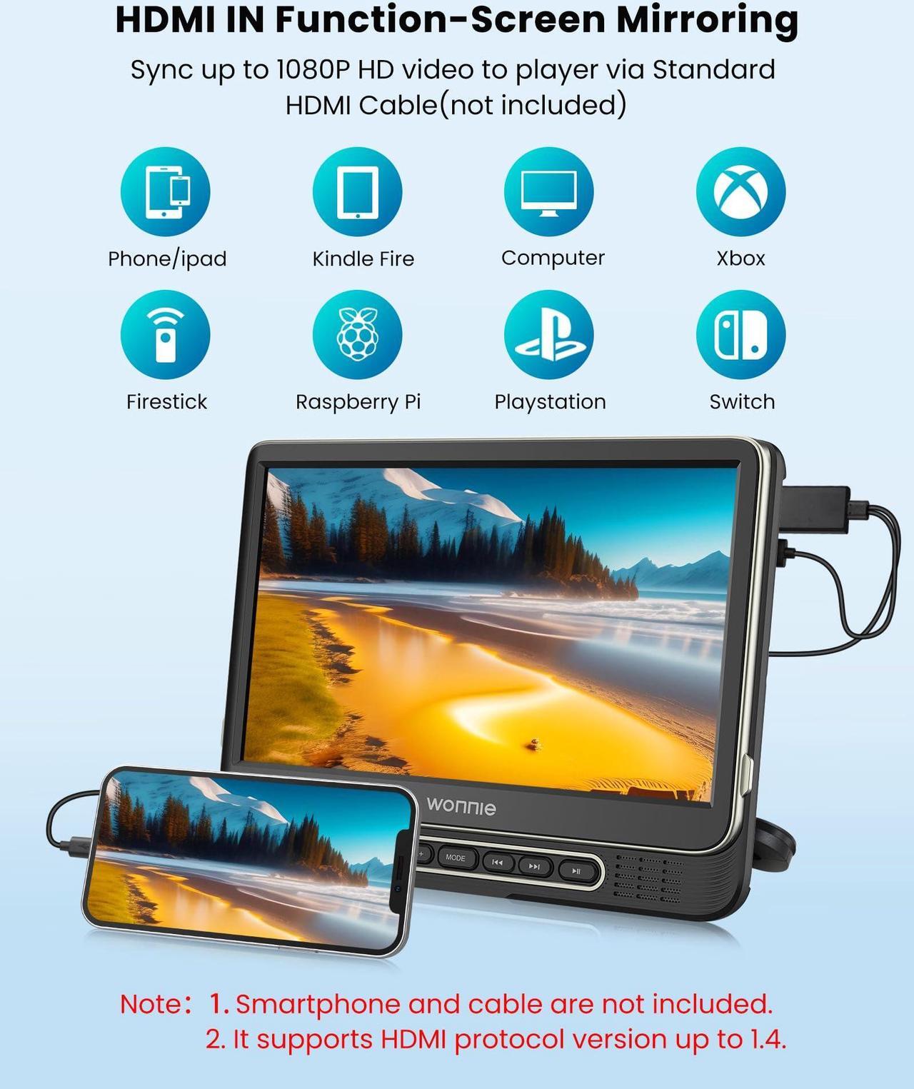 Alt view image 4 of 5 - WONNIE 12" Headrest DVD Player Portable for Car, Support 1080P/MP4 Video with HDMI Input/Output, Mounting Bracket, AC Adapter, Car Charger, AV Out, USB Card Reader, Last Memory