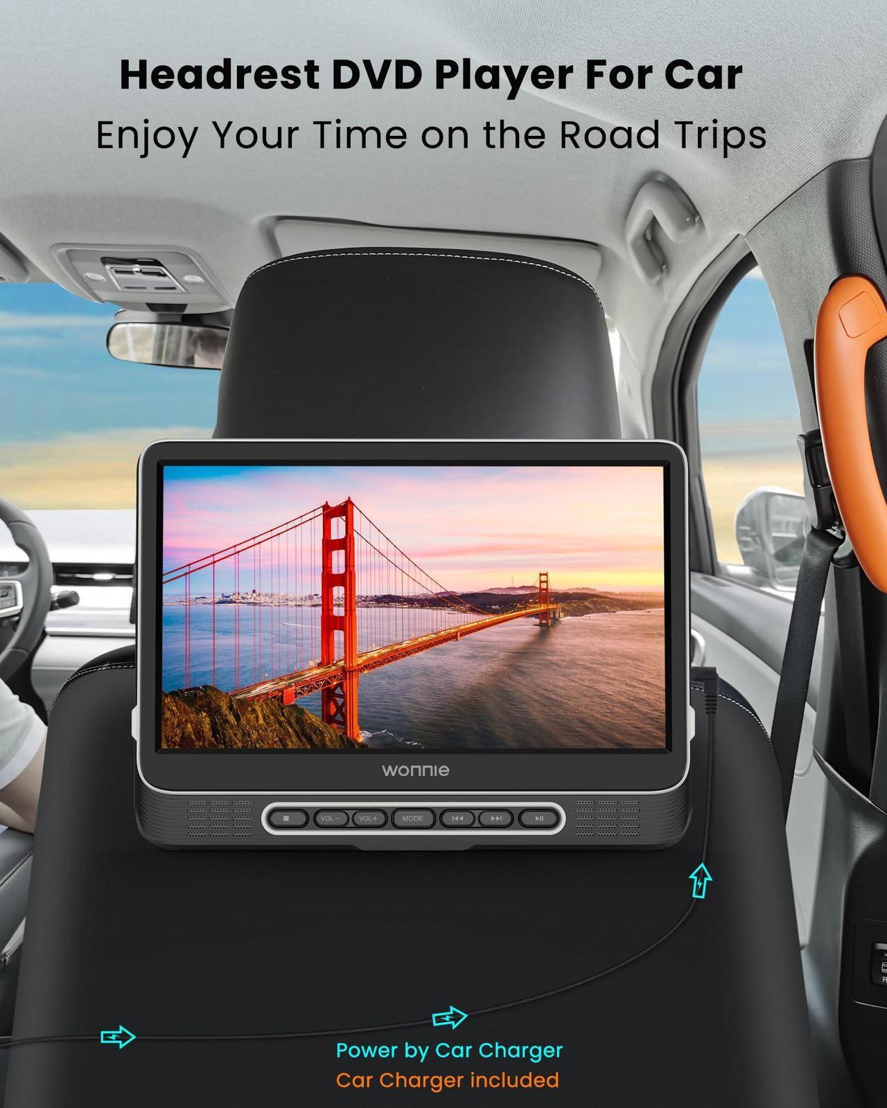 Alt view image 3 of 5 - WONNIE 12" Headrest DVD Player Portable for Car, Support 1080P/MP4 Video with HDMI Input/Output, Mounting Bracket, AC Adapter, Car Charger, AV Out, USB Card Reader, Last Memory