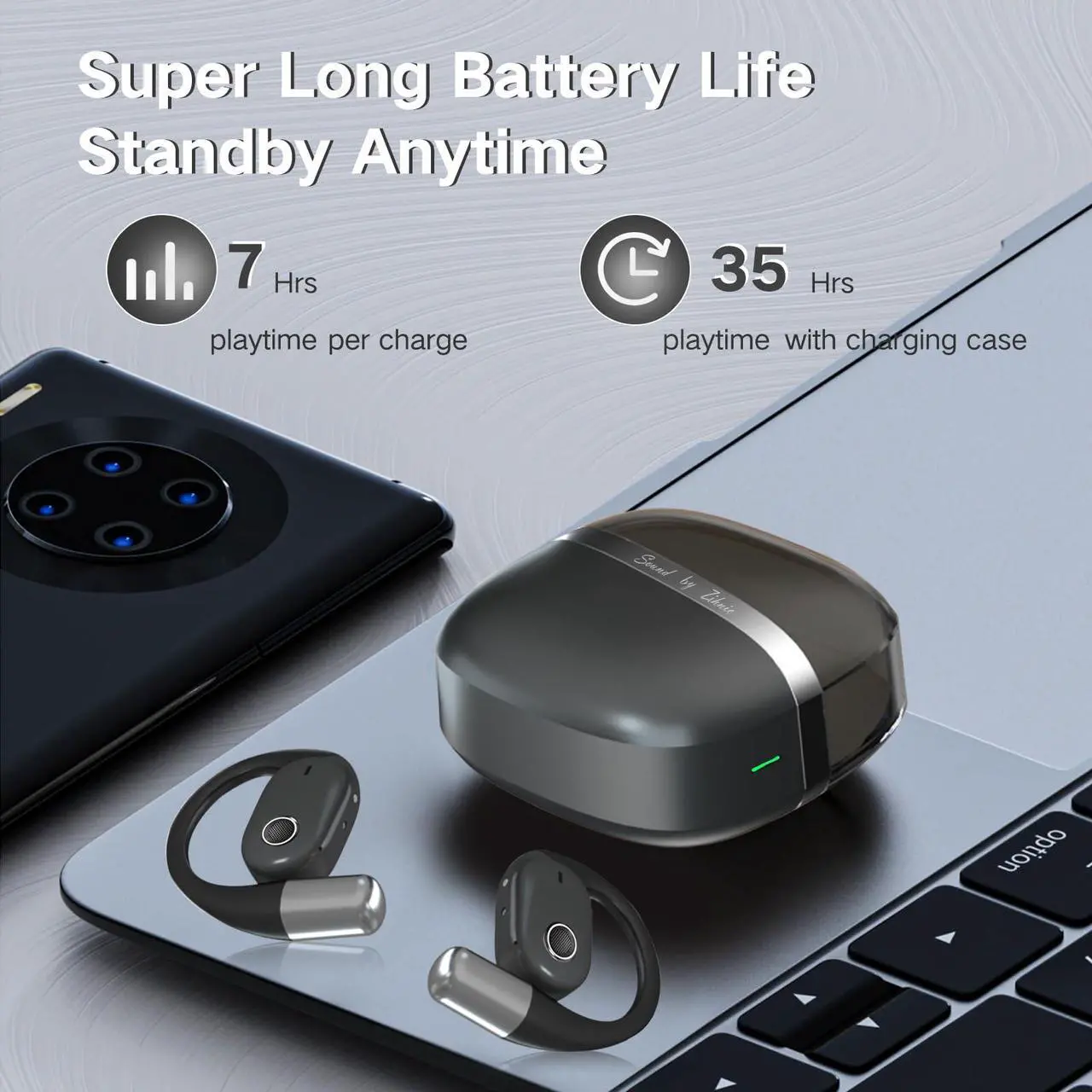 Alt view image 5 of 5 - ZIHNIC True Wireless Open Ear Headphones with Mic,Bluetooth Earbuds with Earhooks,XP5 Sweatproof,Fast Charging,35Hrs Playtime,Compatible with Anyphone-Black