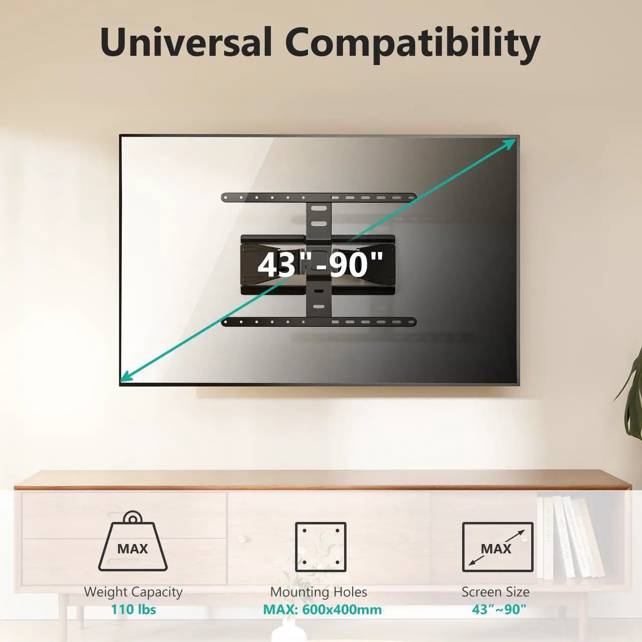 Alt view image 3 of 5 - WALI Ultra Slim Full Motion TV Wall Mount Bracket for Most 43-90 Inch Flat Screen TVs, Swivel, Tilt & Extension TV Articulating Mount, Max Mounting Holes 600x400mm, Holds up to 110lbs(TTM-4), Black