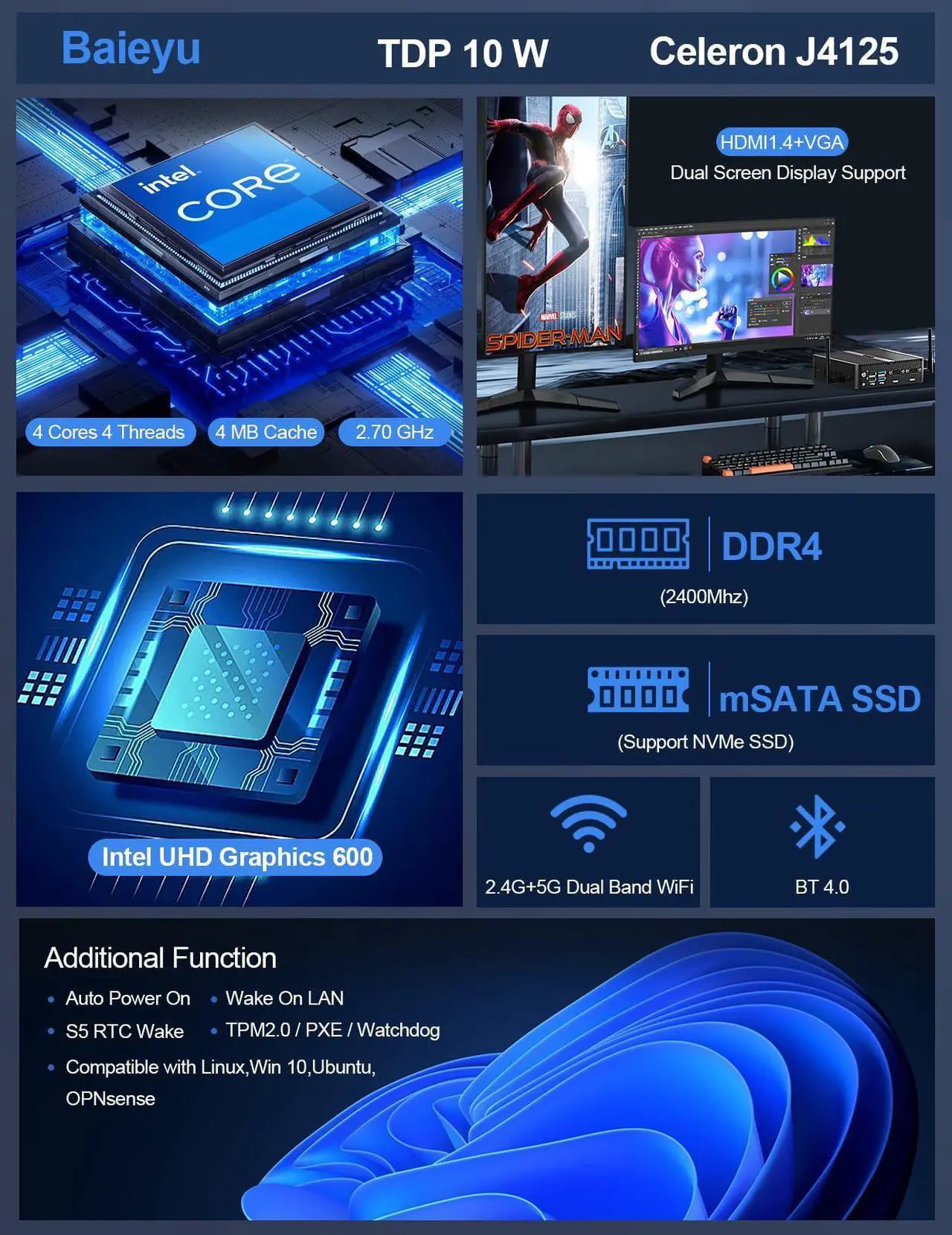 Alt view image 3 of 5 - Baieyu Fanless PC Support Win 10 Pro, Industrial Mini PC Celeron J4125, 8GB DDR4 RAM 256GB SSD, Mini Computer 4K HD/VGA Dual Display, 2 Gigabit Ethernet, Dual RS232 COM, Dual Band WiFi, BT 4.0