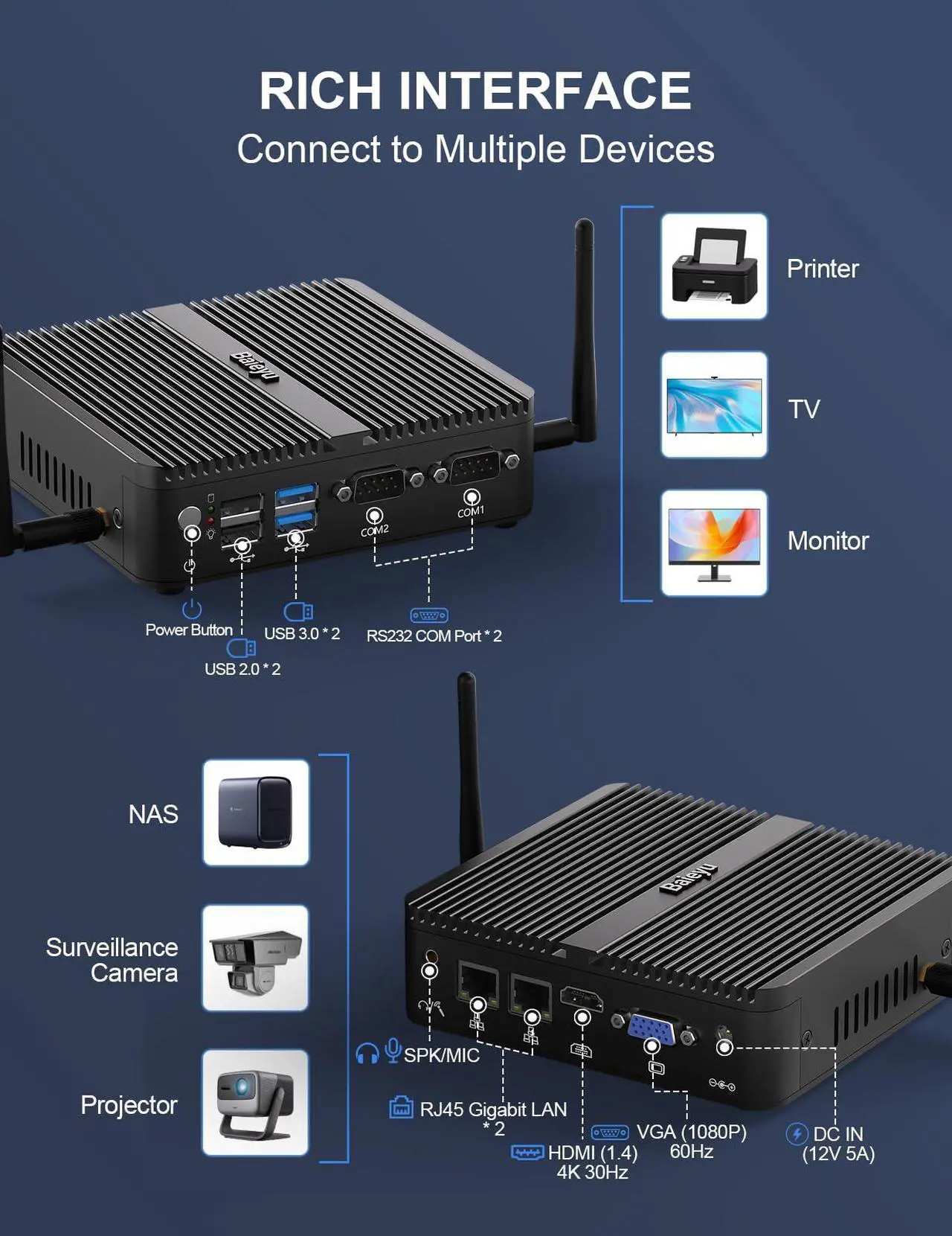 Alt view image 4 of 5 - Baieyu Fanless PC Support Win 10 Pro, Industrial Mini PC Celeron J4125, 8GB DDR4 RAM 256GB SSD, Mini Computer 4K HD/VGA Dual Display, 2 Gigabit Ethernet, Dual RS232 COM, Dual Band WiFi, BT 4.0