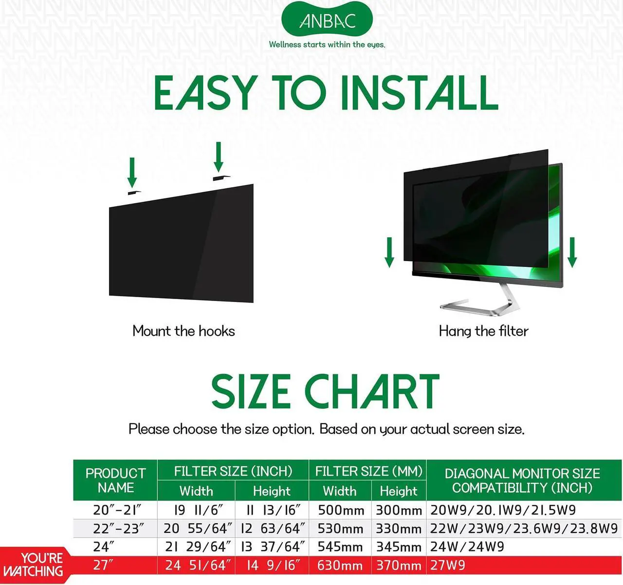Alt view image 3 of 5 - ANBAC Hang Type Privacy Screen Filter for 27"W9 Computer Monitors, Eye Protection Blocking Blue Light & UV - Computer Screen Privacy Shield, Anti-Scratch, Anti-Static, Dustproof