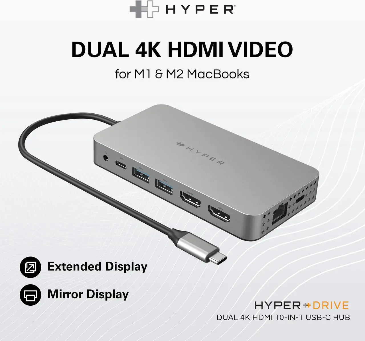 Alt view image 2 of 5 - HyperDrive 4K Dual HDMI USB C Hub M1 MacBook 10in1: Dual 4K HDMI, Gigabit Ethernet, USB-A, USB-C, USB-C 100W Power Delivery, MicroSD/SD, Headphone Jack for MacBook Pro/Air(M1), Windows PC, Chromebook