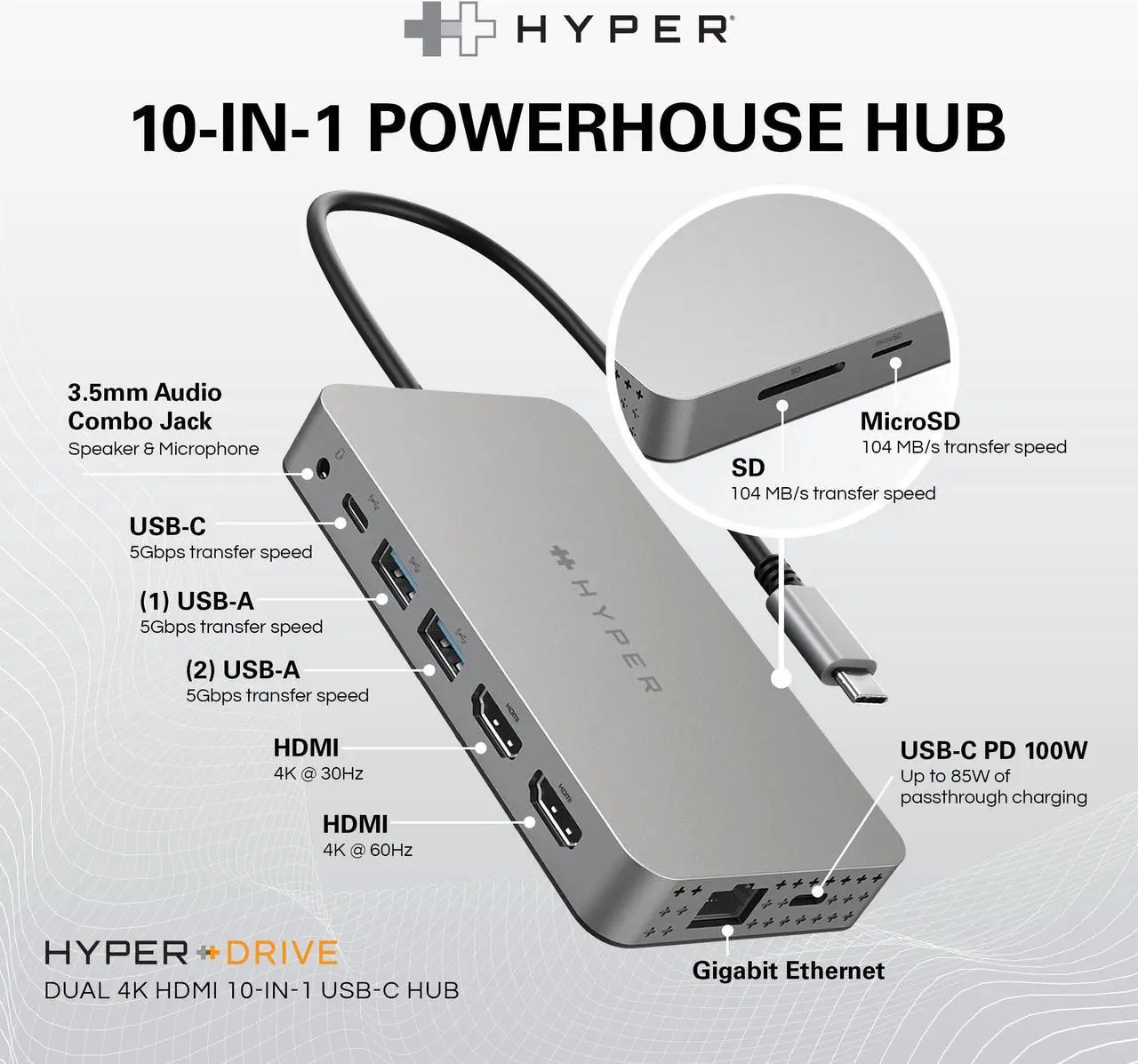 Alt view image 3 of 5 - HyperDrive 4K Dual HDMI USB C Hub M1 MacBook 10in1: Dual 4K HDMI, Gigabit Ethernet, USB-A, USB-C, USB-C 100W Power Delivery, MicroSD/SD, Headphone Jack for MacBook Pro/Air(M1), Windows PC, Chromebook