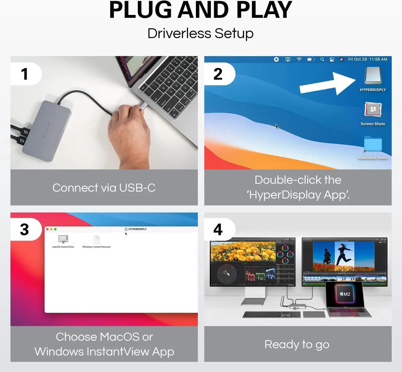 Alt view image 5 of 5 - HyperDrive 4K Dual HDMI USB C Hub M1 MacBook 10in1: Dual 4K HDMI, Gigabit Ethernet, USB-A, USB-C, USB-C 100W Power Delivery, MicroSD/SD, Headphone Jack for MacBook Pro/Air(M1), Windows PC, Chromebook